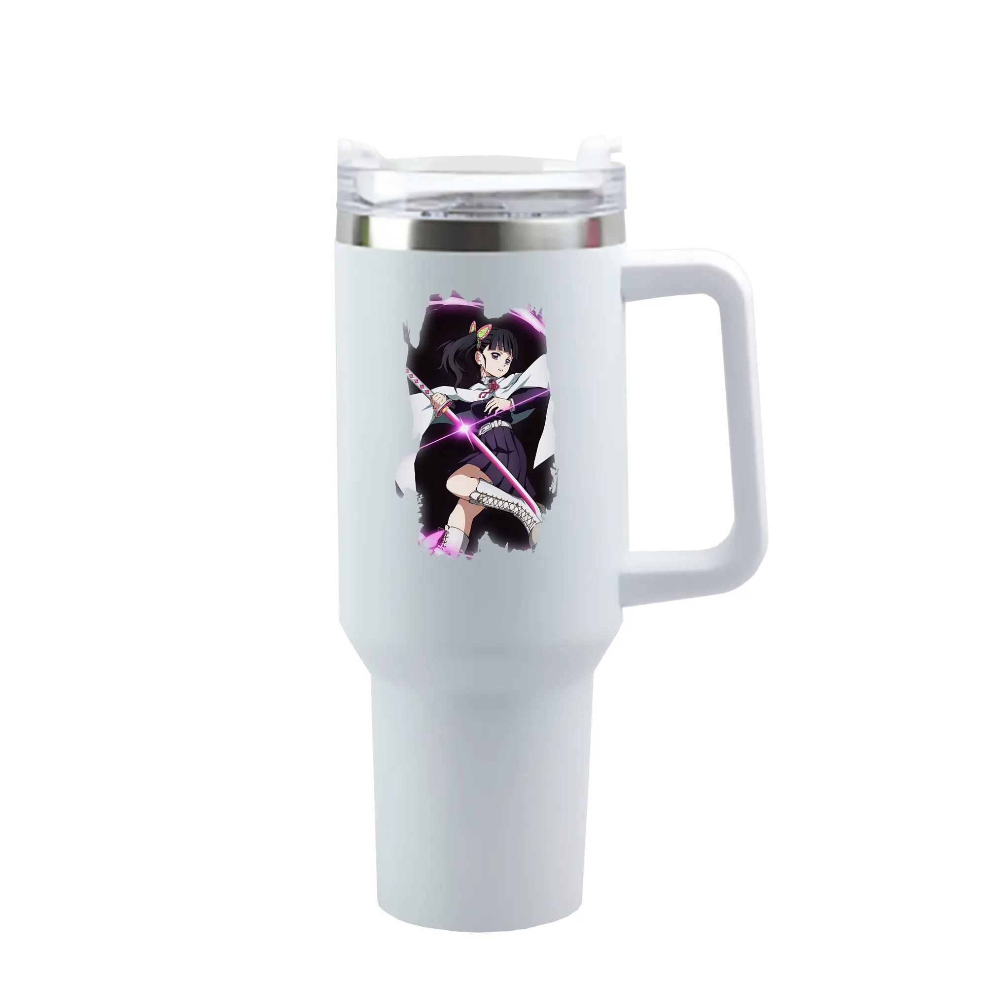 鬼滅の刃 グッズ,栗花落 カナヲ - 1200mL 車用タンブラー ・ クリスタルステッカー ・ 304ステンレス 内側 ・ 201ステンレス 外側 ・ 保温 保冷 ・ ハンドル＆ストロー付き ・ 通勤 ドライブ アウトドア用