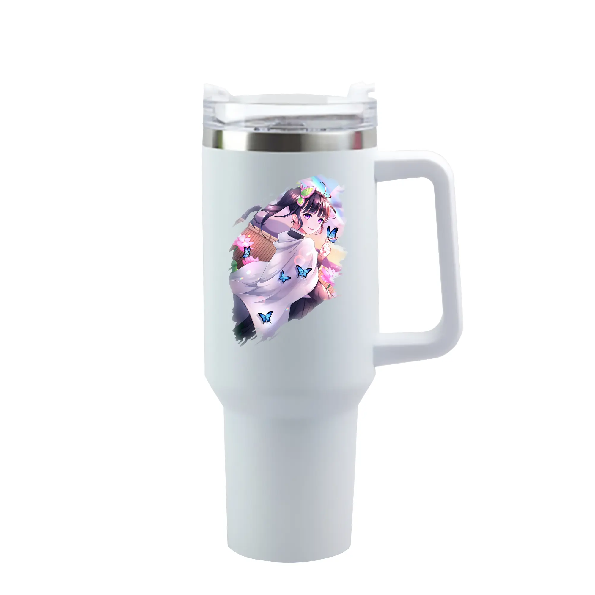 鬼滅の刃 グッズ,栗花落 カナヲ - 1200mL 車用タンブラー ・ クリスタルステッカー ・ 304ステンレス 内側 ・ 201ステンレス 外側 ・ 保温 保冷 ・ ハンドル＆ストロー付き ・ 通勤 ドライブ アウトドア用