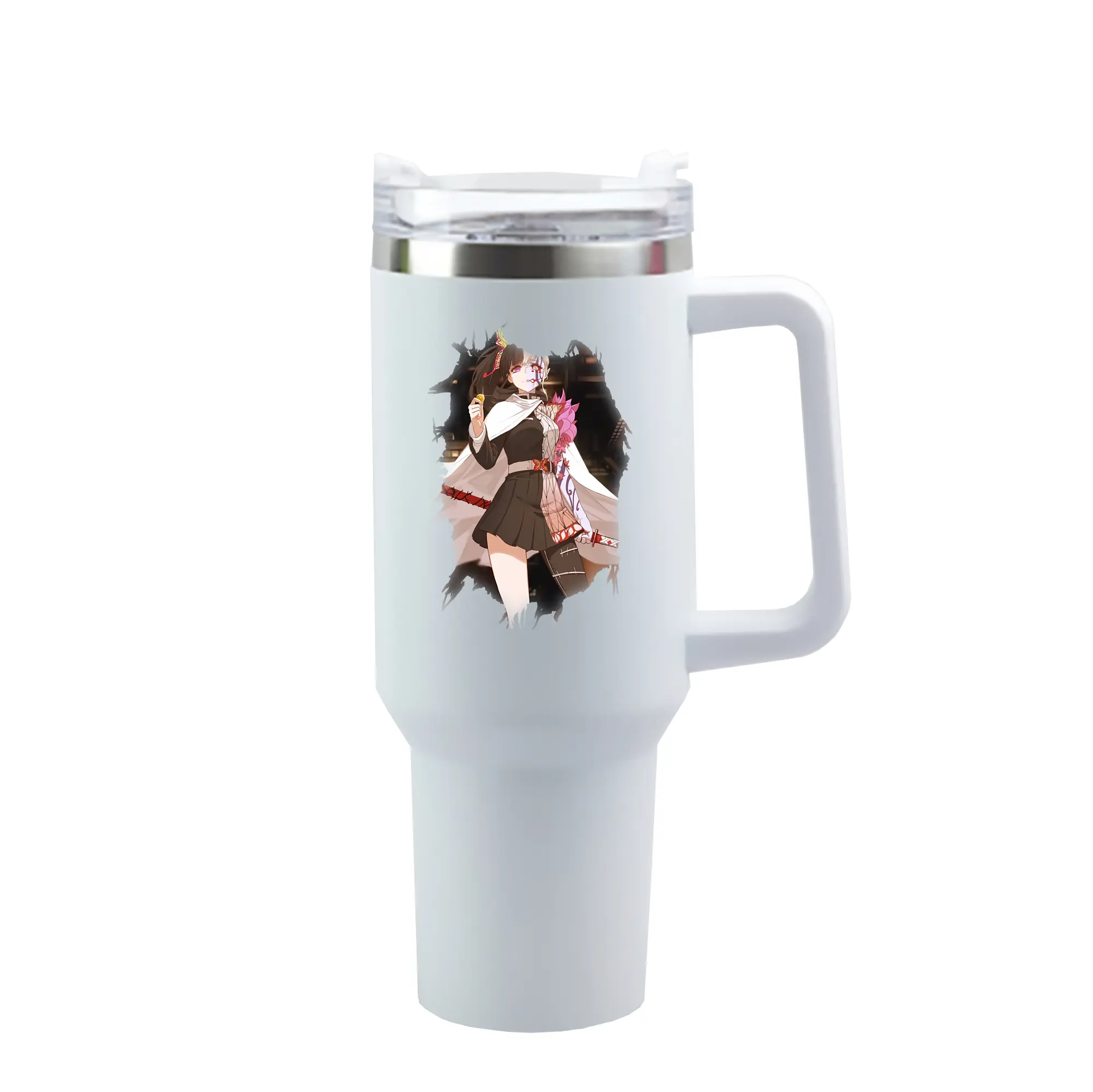 鬼滅の刃 グッズ,栗花落 カナヲ - 1200mL 車用タンブラー ・ クリスタルステッカー ・ 304ステンレス 内側 ・ 201ステンレス 外側 ・ 保温 保冷 ・ ハンドル＆ストロー付き ・ 通勤 ドライブ アウトドア用