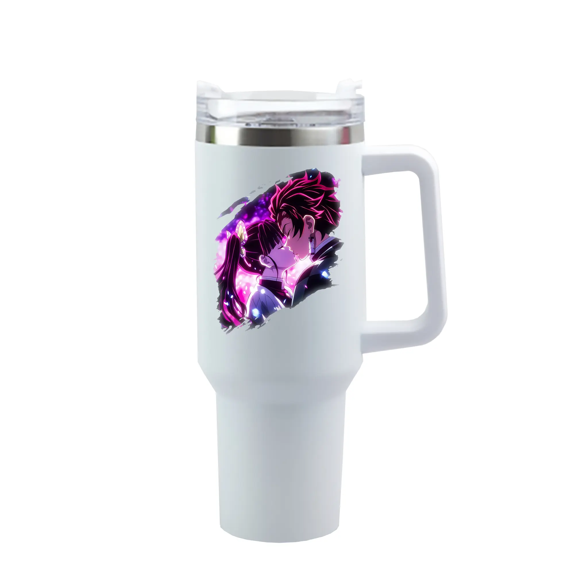 鬼滅の刃 グッズ,栗花落 カナヲ - 1200mL 車用タンブラー ・ クリスタルステッカー ・ 304ステンレス 内側 ・ 201ステンレス 外側 ・ 保温 保冷 ・ ハンドル＆ストロー付き ・ 通勤 ドライブ アウトドア用