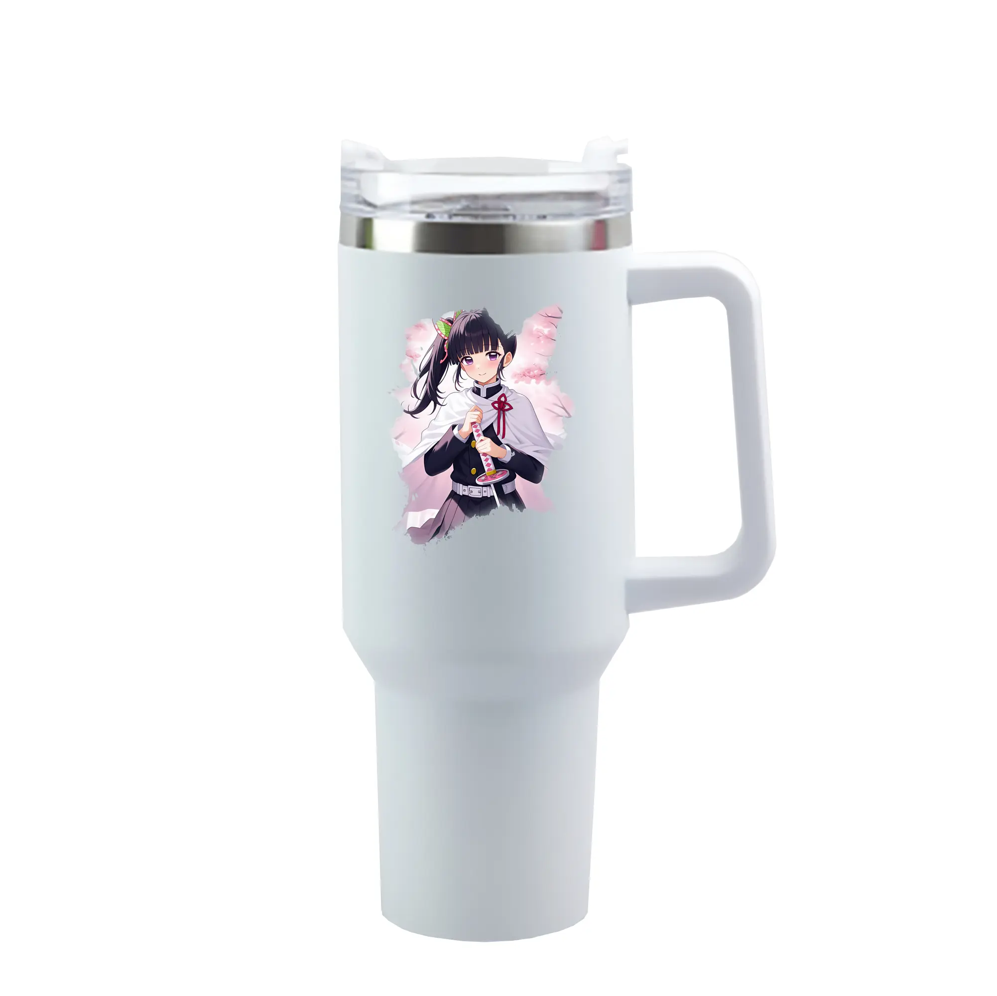 鬼滅の刃 グッズ,栗花落 カナヲ - 1200mL 車用タンブラー ・ クリスタルステッカー ・ 304ステンレス 内側 ・ 201ステンレス 外側 ・ 保温 保冷 ・ ハンドル＆ストロー付き ・ 通勤 ドライブ アウトドア用