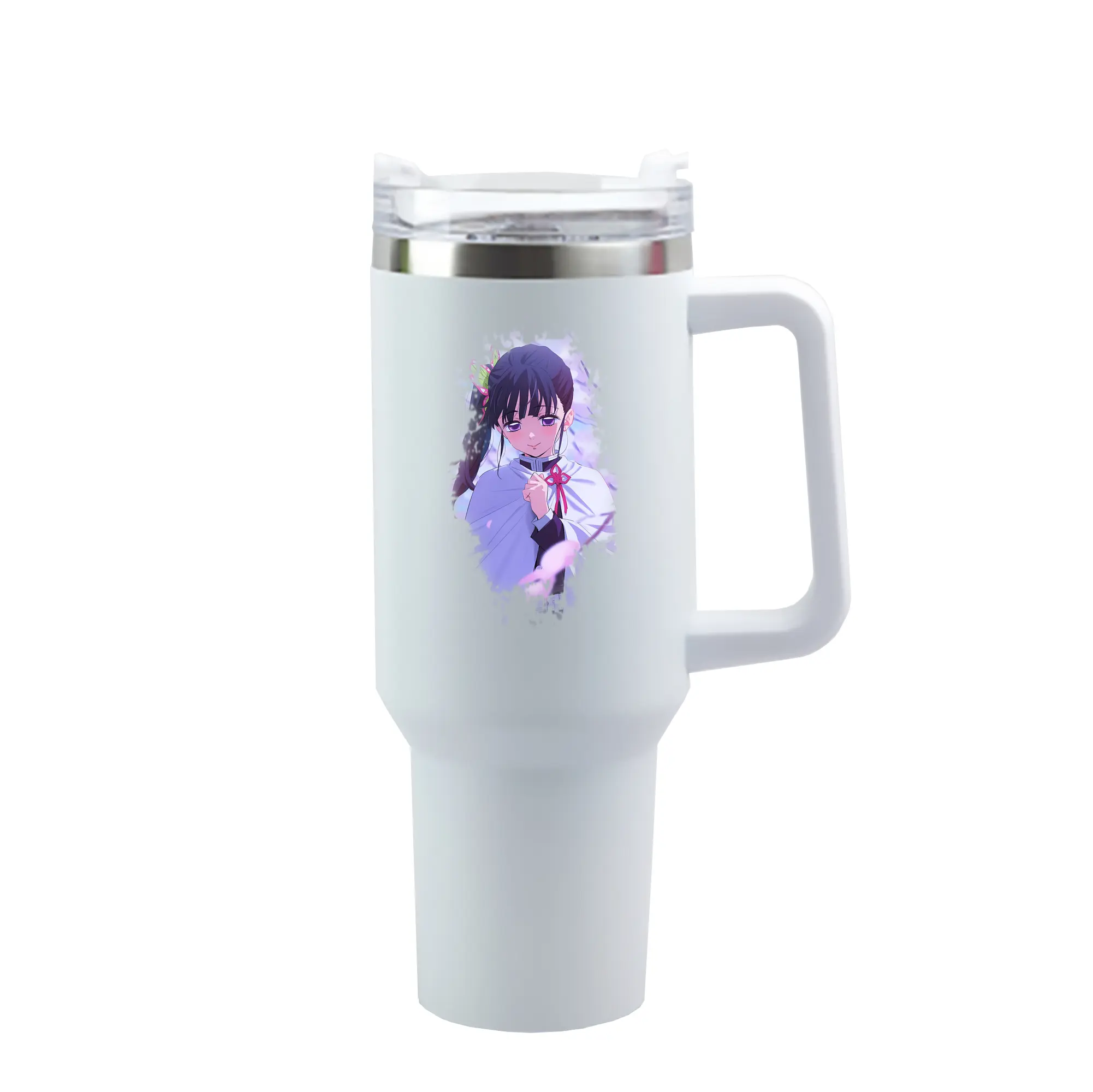 鬼滅の刃 グッズ,栗花落 カナヲ - 1200mL 車用タンブラー ・ クリスタルステッカー ・ 304ステンレス 内側 ・ 201ステンレス 外側 ・ 保温 保冷 ・ ハンドル＆ストロー付き ・ 通勤 ドライブ アウトドア用