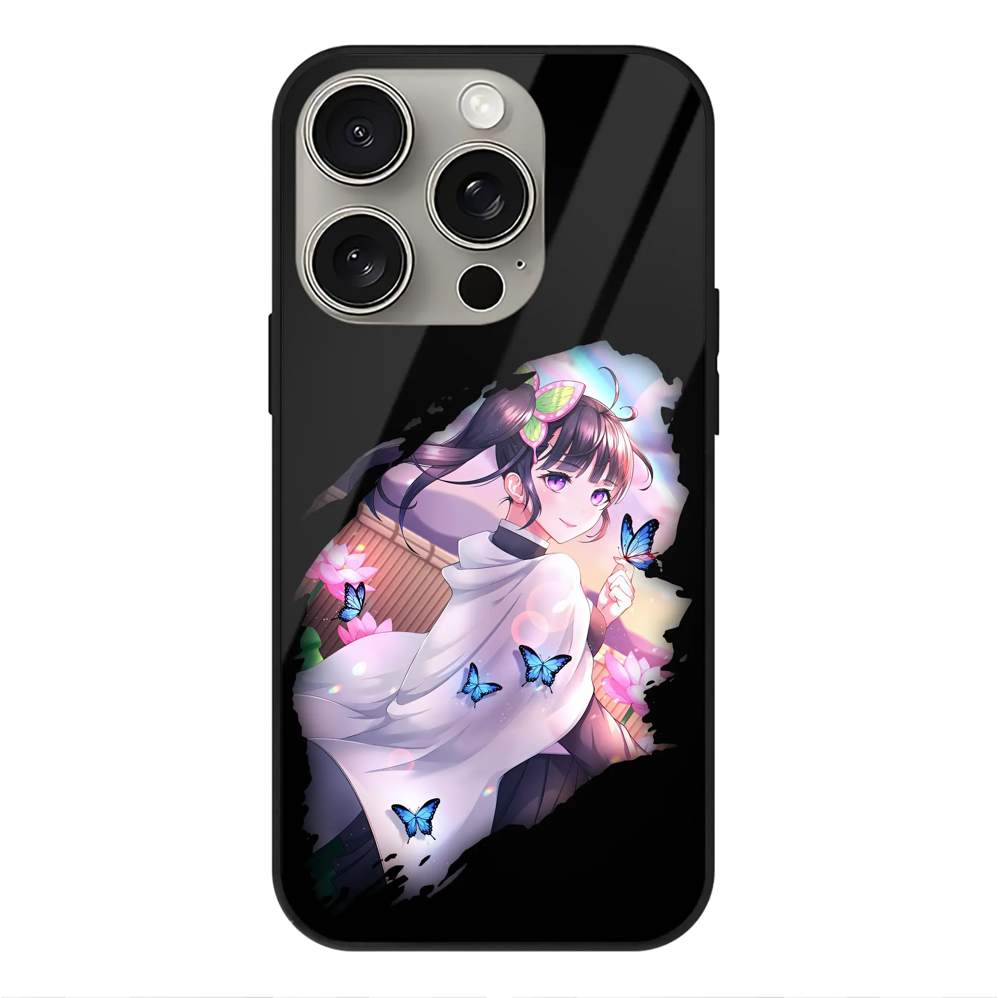 鬼滅の刃 グッズ,栗花落 カナヲ - IPhone15Pro対応 ・ スマホケース ・ 背面ガラス ・ TPU+強化ガラス ・ 耐衝撃 ・ 黄変防止 ・ ワイヤレス充電対応 ・ 3D立体ボタン