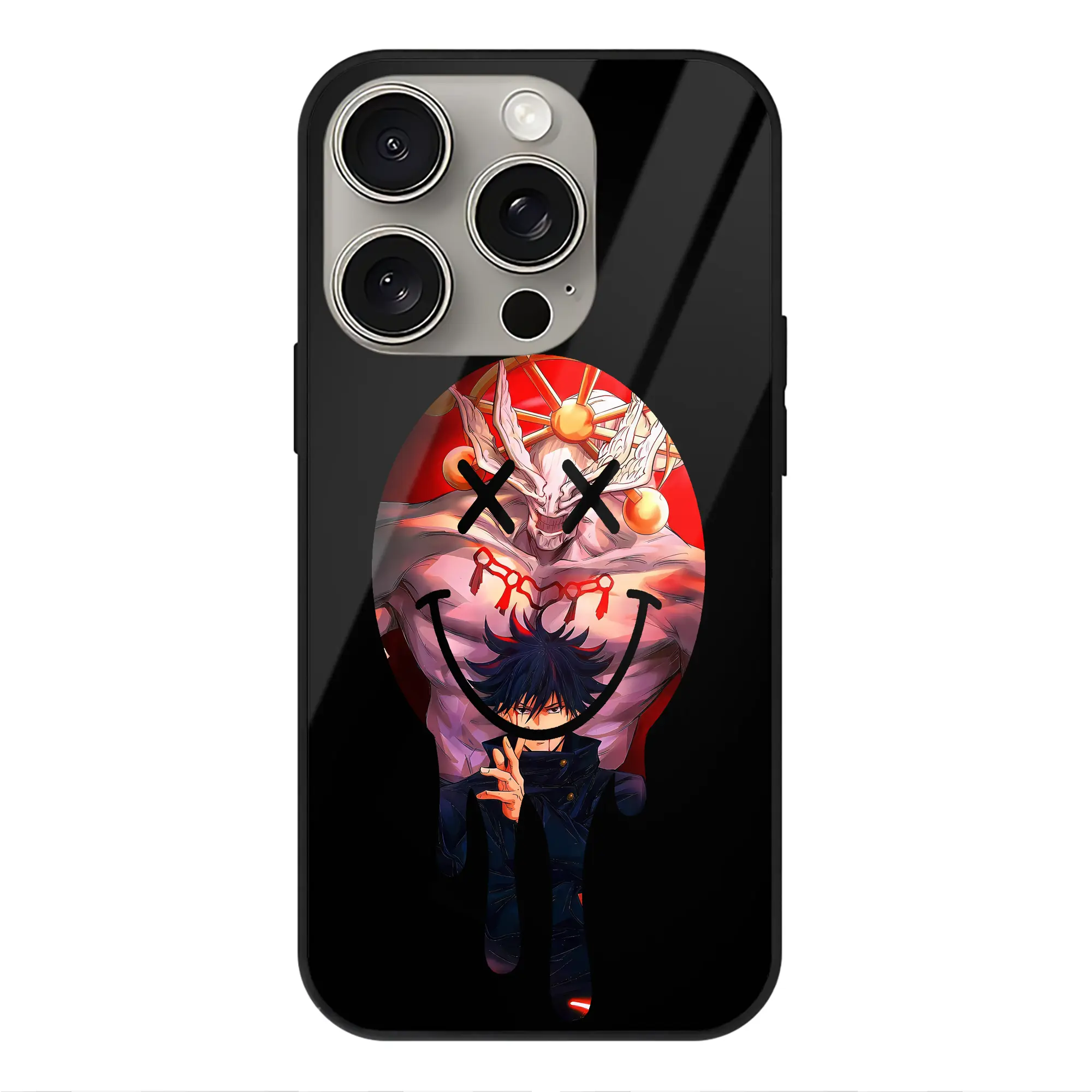 呪術廻戦 グッズ,伏黒 恵 - IPhone15Pro対応 ・ スマホケース ・ 背面ガラス ・ TPU+強化ガラス ・ 耐衝撃 ・ 黄変防止 ・ ワイヤレス充電対応 ・ 3D立体ボタン