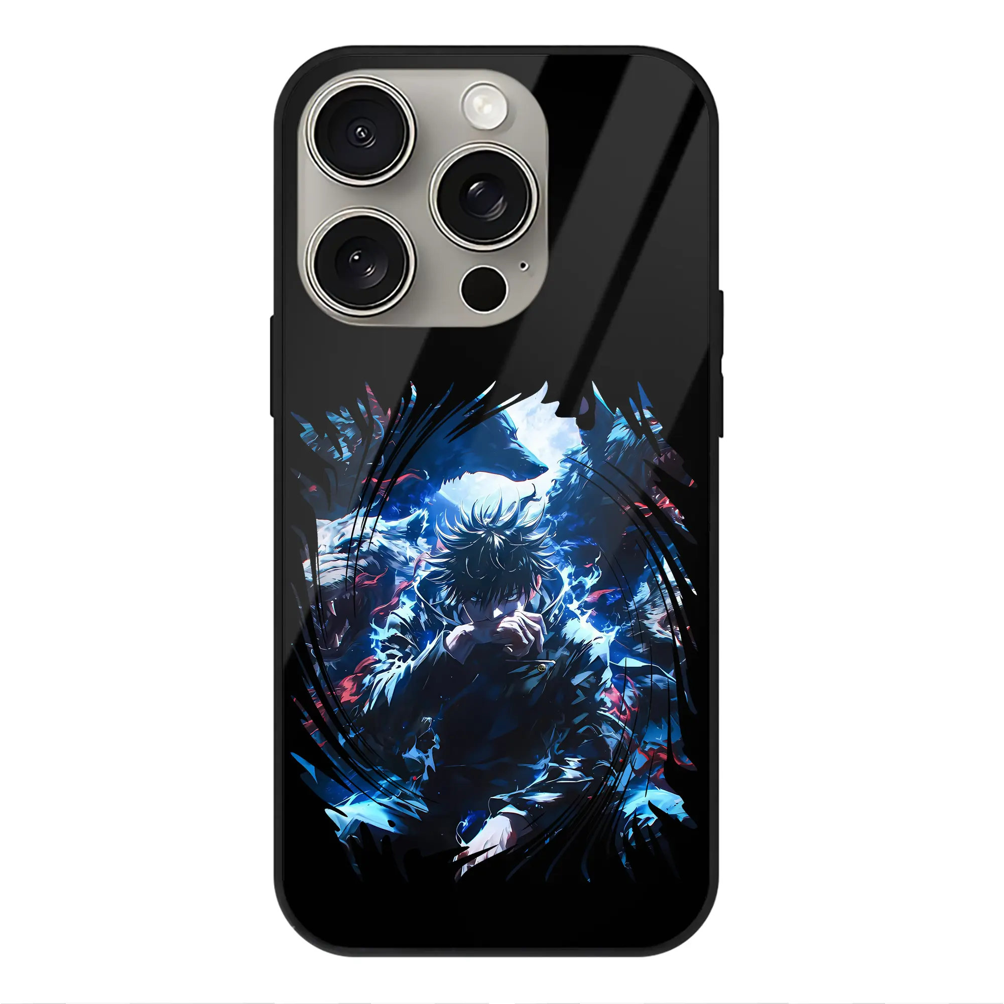 呪術廻戦 グッズ,伏黒 恵 - IPhone15Pro対応 ・ スマホケース ・ 背面ガラス ・ TPU+強化ガラス ・ 耐衝撃 ・ 黄変防止 ・ ワイヤレス充電対応 ・ 3D立体ボタン