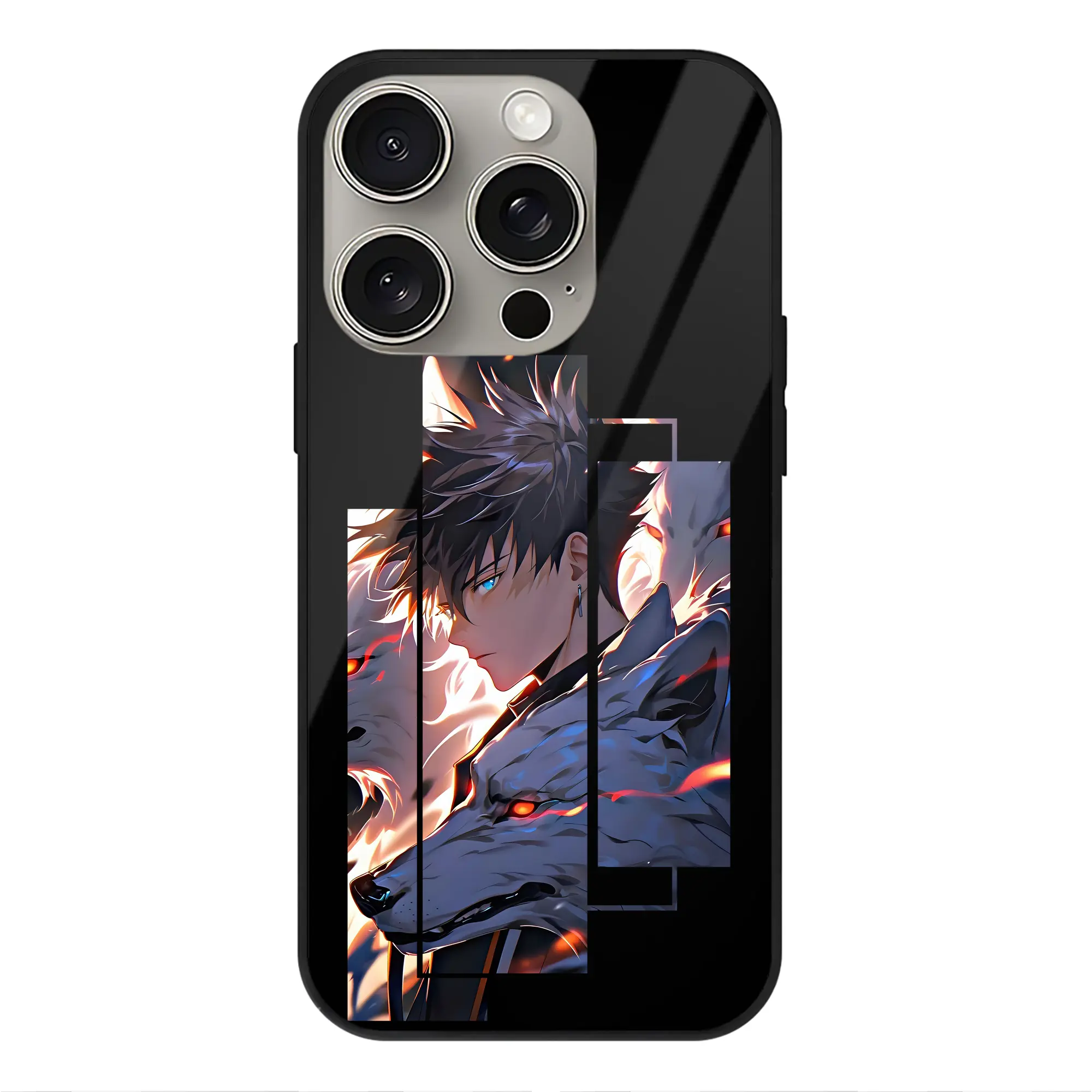 呪術廻戦 グッズ,伏黒 恵 - IPhone15Pro対応 ・ スマホケース ・ 背面ガラス ・ TPU+強化ガラス ・ 耐衝撃 ・ 黄変防止 ・ ワイヤレス充電対応 ・ 3D立体ボタン