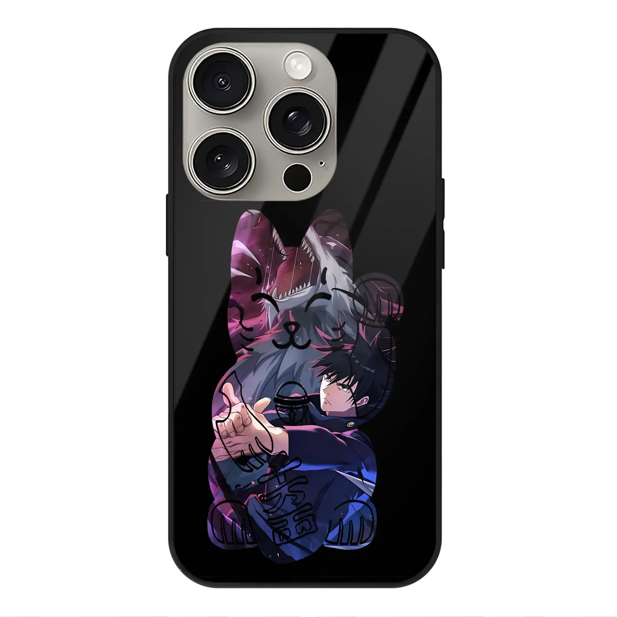 呪術廻戦 グッズ,伏黒 恵 - IPhone15Pro対応 ・ スマホケース ・ 背面ガラス ・ TPU+強化ガラス ・ 耐衝撃 ・ 黄変防止 ・ ワイヤレス充電対応 ・ 3D立体ボタン