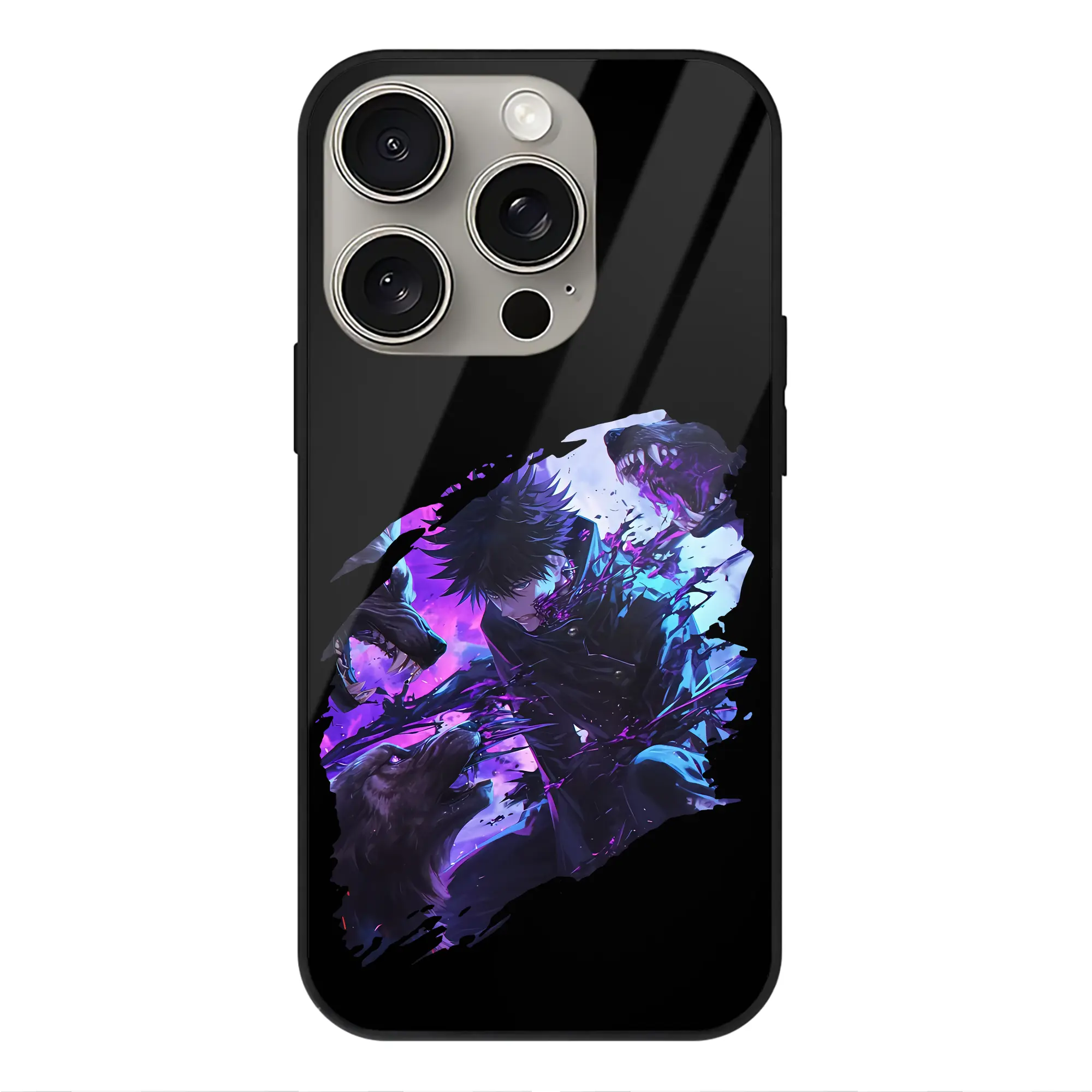 呪術廻戦 グッズ,伏黒 恵 - IPhone15Pro対応 ・ スマホケース ・ 背面ガラス ・ TPU+強化ガラス ・ 耐衝撃 ・ 黄変防止 ・ ワイヤレス充電対応 ・ 3D立体ボタン