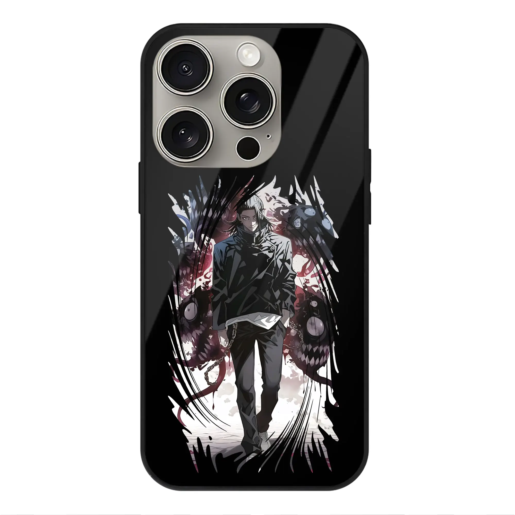 呪術廻戦 グッズ,夏油 傑 - IPhone15Pro対応 ・ スマホケース ・ 背面ガラス ・ TPU+強化ガラス ・ 耐衝撃 ・ 黄変防止 ・ ワイヤレス充電対応 ・ 3D立体ボタン