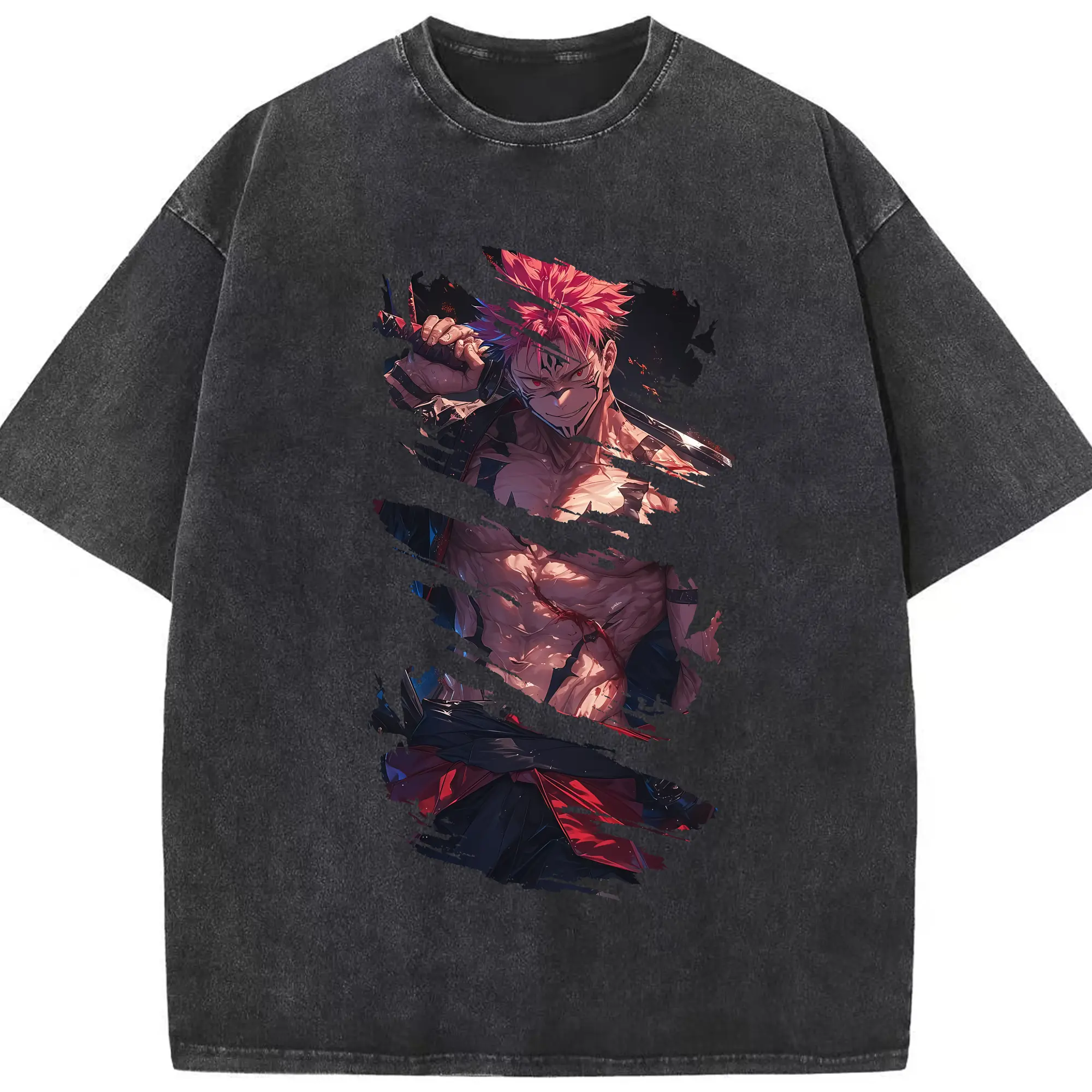 呪術廻戦 グッズ,両面宿儺 - 綿100％ ヴィンテージ風 半袖Tシャツ ・ フロントプリント ・ 柔らか肌触り ・ 通気性 快適 ・ スポーツ カジュアル 外出用