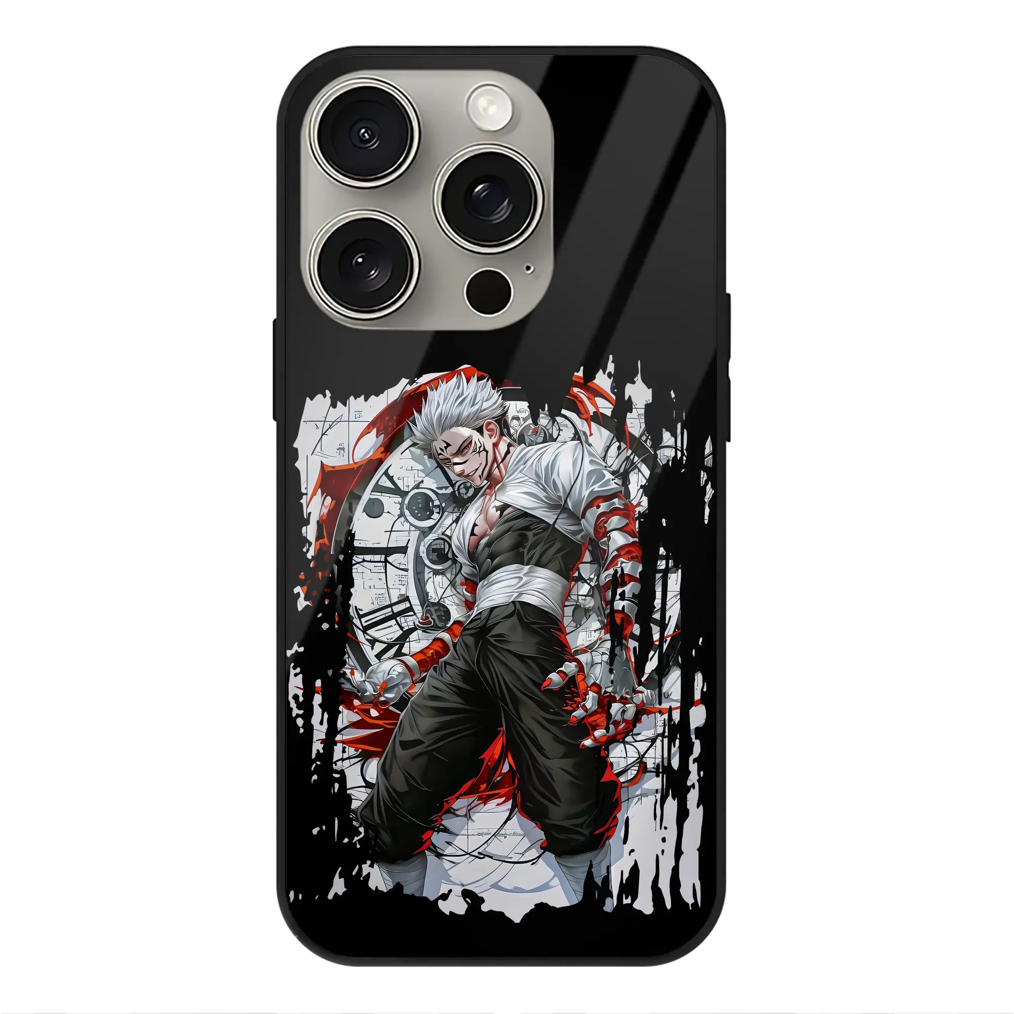 呪術廻戦 グッズ,両面宿儺 - IPhone15Pro対応 ・ スマホケース ・ 背面ガラス ・ TPU+強化ガラス ・ 耐衝撃 ・ 黄変防止 ・ ワイヤレス充電対応 ・ 3D立体ボタン