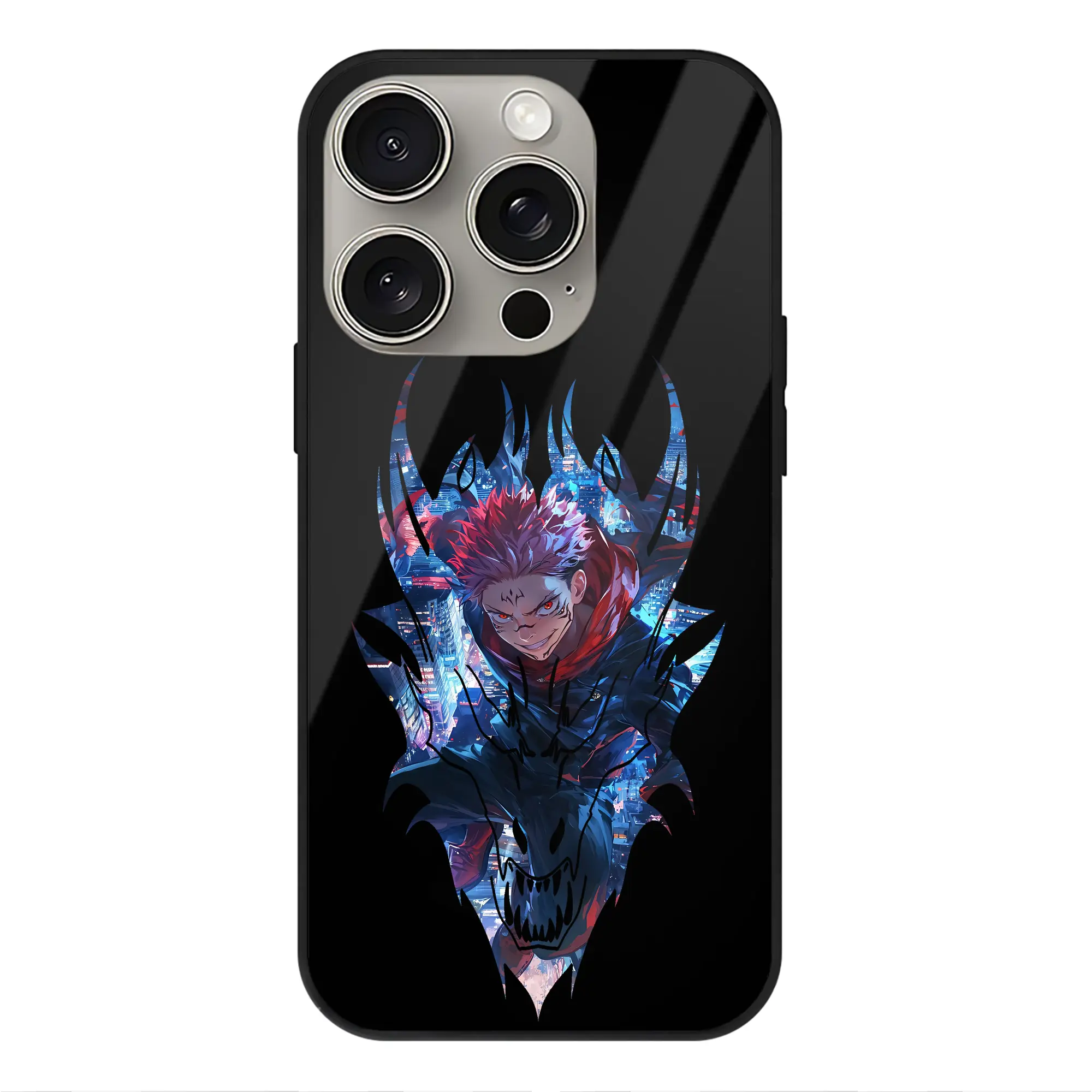 呪術廻戦 グッズ,両面宿儺 - IPhone15Pro対応 ・ スマホケース ・ 背面ガラス ・ TPU+強化ガラス ・ 耐衝撃 ・ 黄変防止 ・ ワイヤレス充電対応 ・ 3D立体ボタン