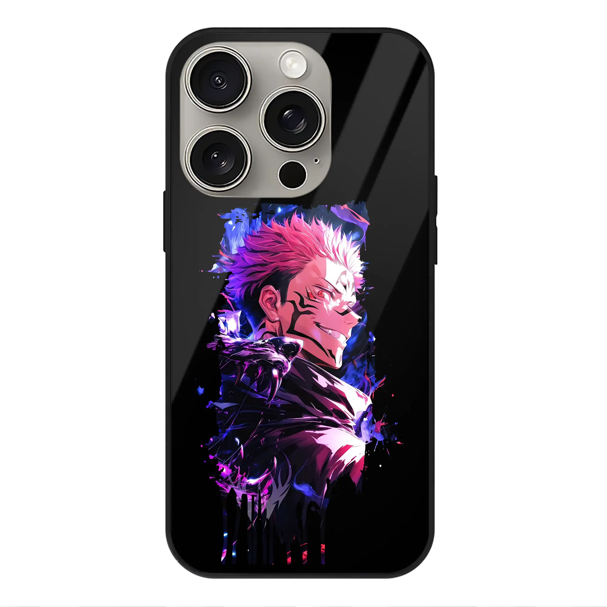 呪術廻戦 グッズ,両面宿儺 - IPhone15Pro対応 ・ スマホケース ・ 背面ガラス ・ TPU+強化ガラス ・ 耐衝撃 ・ 黄変防止 ・ ワイヤレス充電対応 ・ 3D立体ボタン