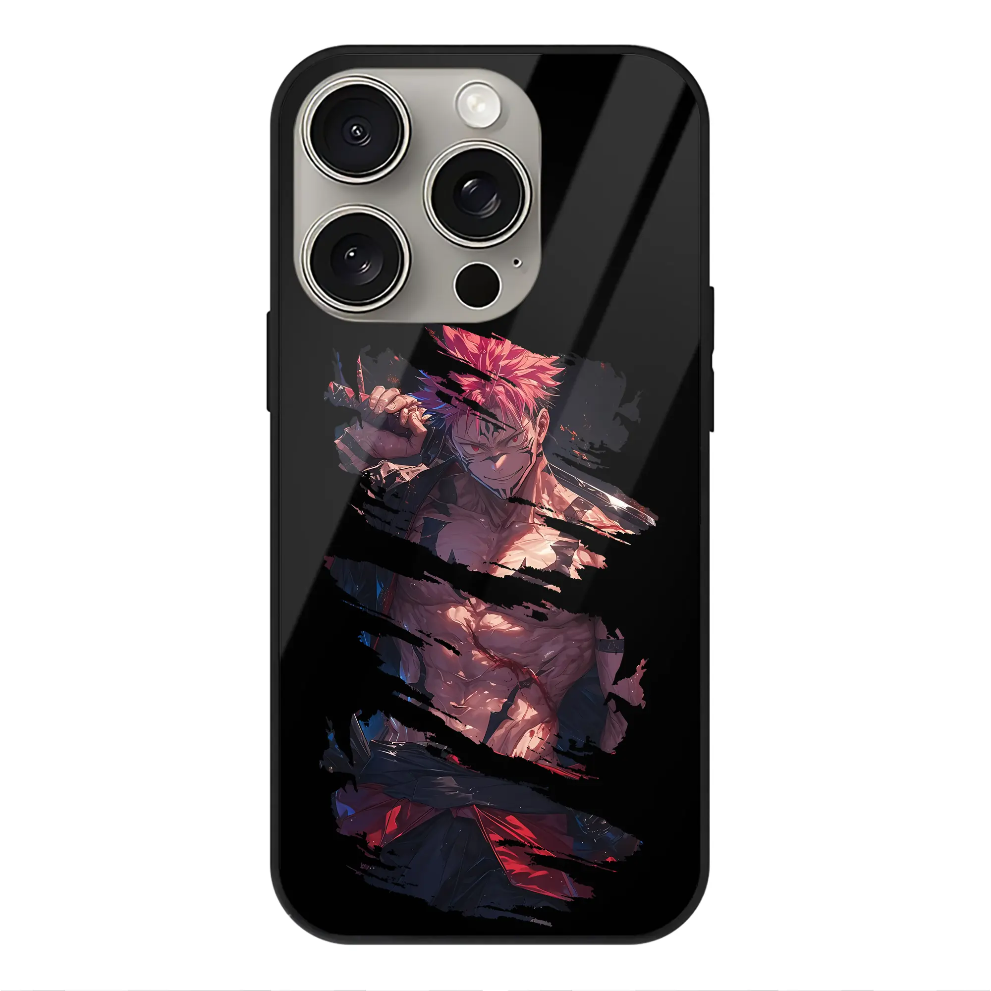 呪術廻戦 グッズ,両面宿儺 - IPhone15Pro対応 ・ スマホケース ・ 背面ガラス ・ TPU+強化ガラス ・ 耐衝撃 ・ 黄変防止 ・ ワイヤレス充電対応 ・ 3D立体ボタン