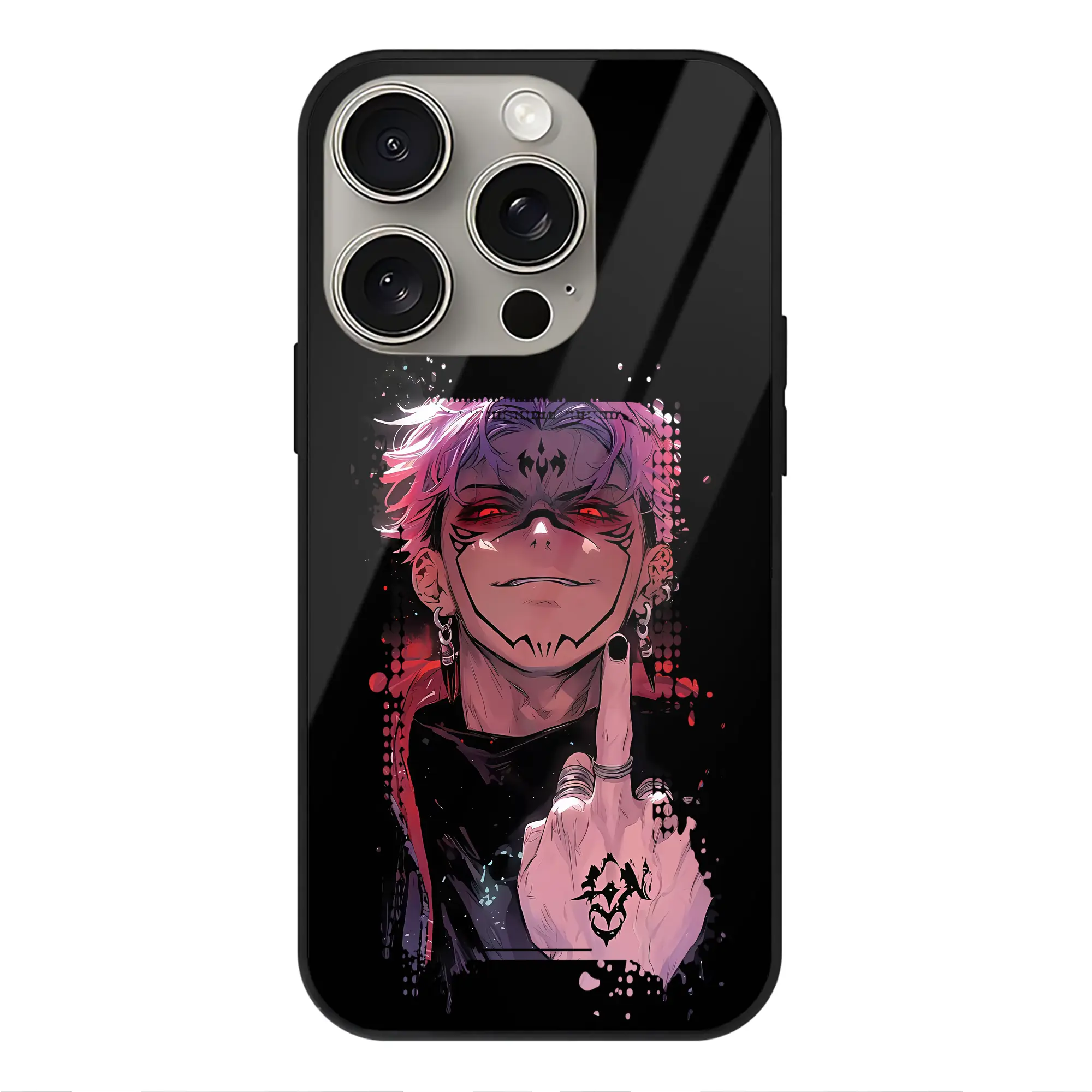 呪術廻戦 グッズ,両面宿儺 - IPhone15Pro対応 ・ スマホケース ・ 背面ガラス ・ TPU+強化ガラス ・ 耐衝撃 ・ 黄変防止 ・ ワイヤレス充電対応 ・ 3D立体ボタン