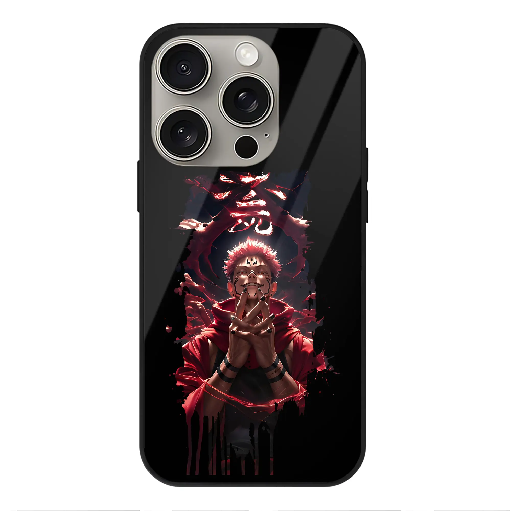 呪術廻戦 グッズ,両面宿儺 - IPhone15Pro対応 ・ スマホケース ・ 背面ガラス ・ TPU+強化ガラス ・ 耐衝撃 ・ 黄変防止 ・ ワイヤレス充電対応 ・ 3D立体ボタン