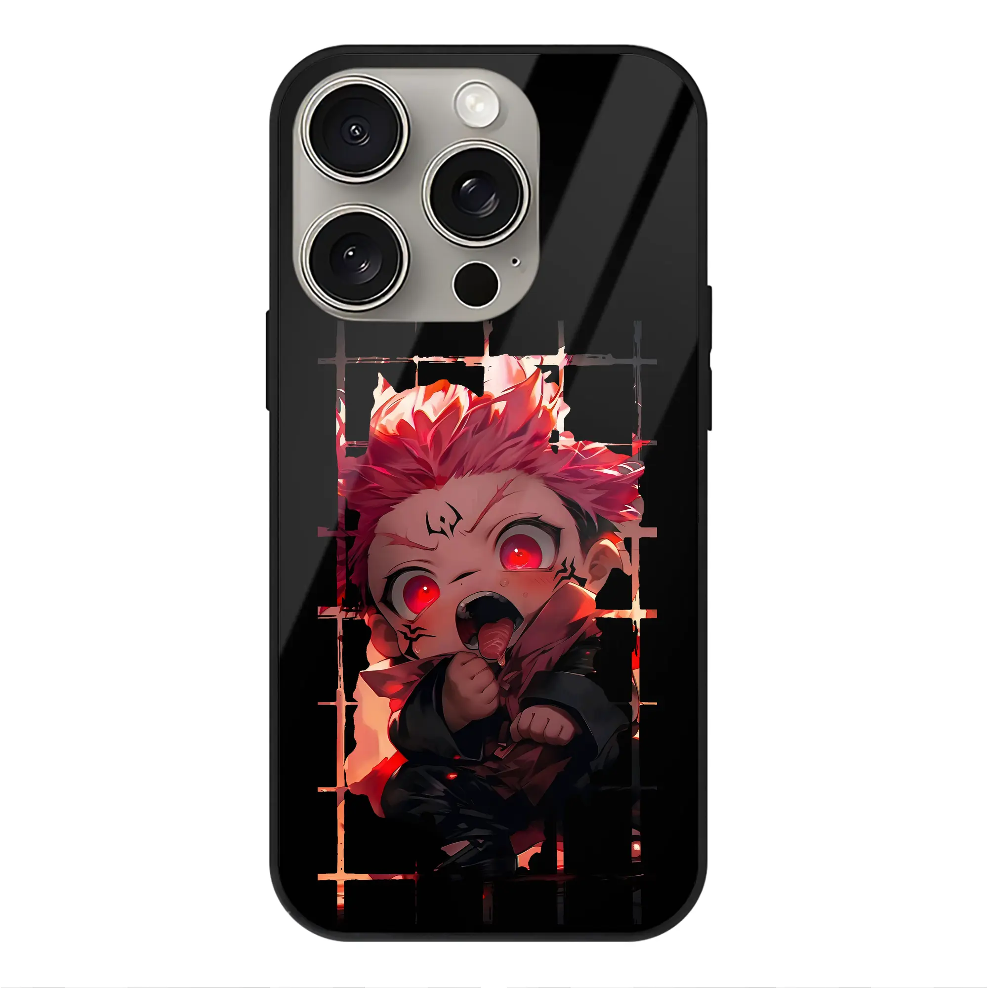 呪術廻戦 グッズ,両面宿儺 - IPhone15Pro対応 ・ スマホケース ・ 背面ガラス ・ TPU+強化ガラス ・ 耐衝撃 ・ 黄変防止 ・ ワイヤレス充電対応 ・ 3D立体ボタン