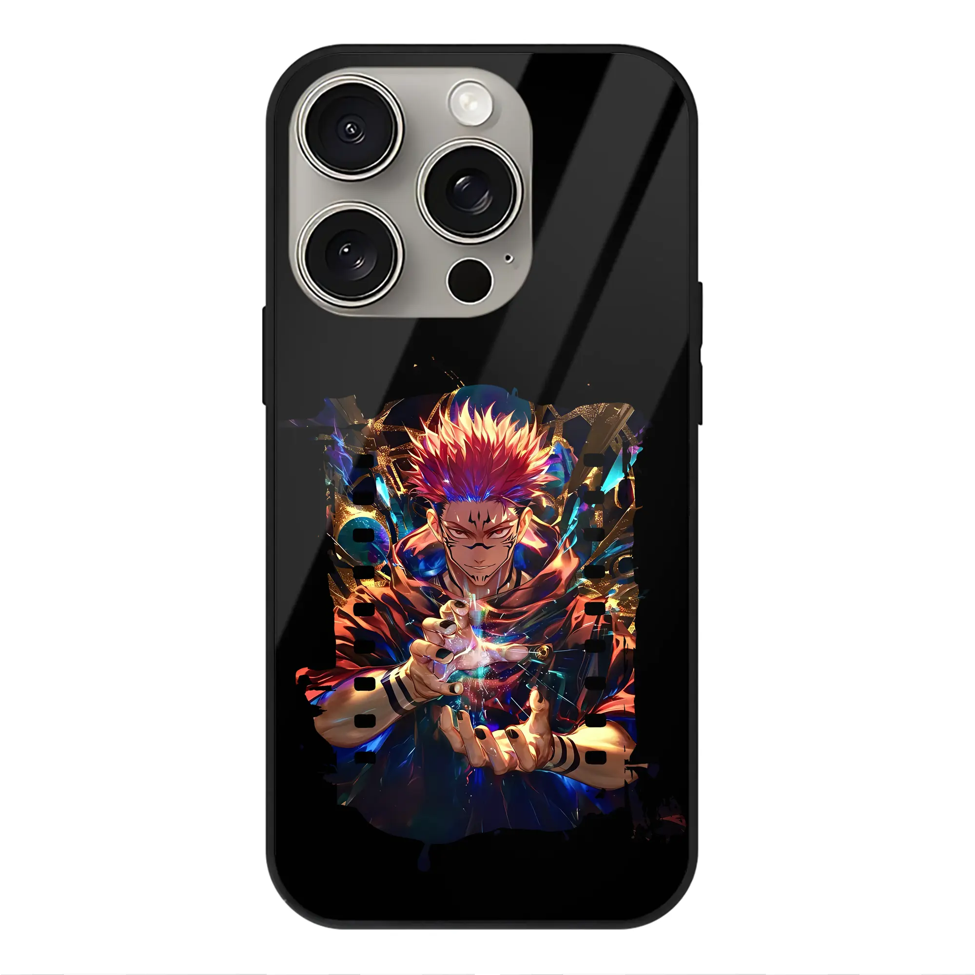 呪術廻戦 グッズ,両面宿儺 - IPhone15Pro対応 ・ スマホケース ・ 背面ガラス ・ TPU+強化ガラス ・ 耐衝撃 ・ 黄変防止 ・ ワイヤレス充電対応 ・ 3D立体ボタン