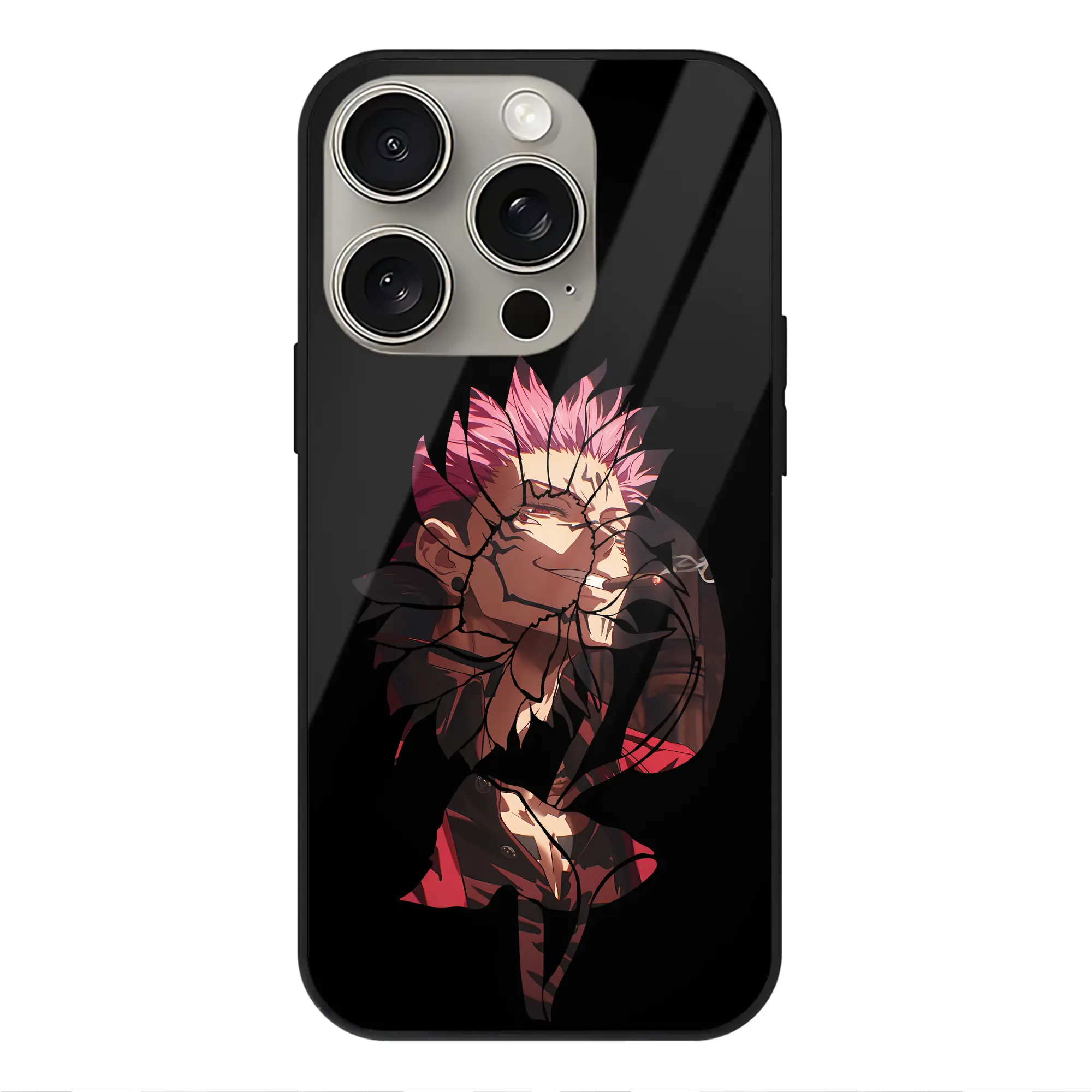 呪術廻戦 グッズ,両面宿儺 - IPhone15Pro対応 ・ スマホケース ・ 背面ガラス ・ TPU+強化ガラス ・ 耐衝撃 ・ 黄変防止 ・ ワイヤレス充電対応 ・ 3D立体ボタン