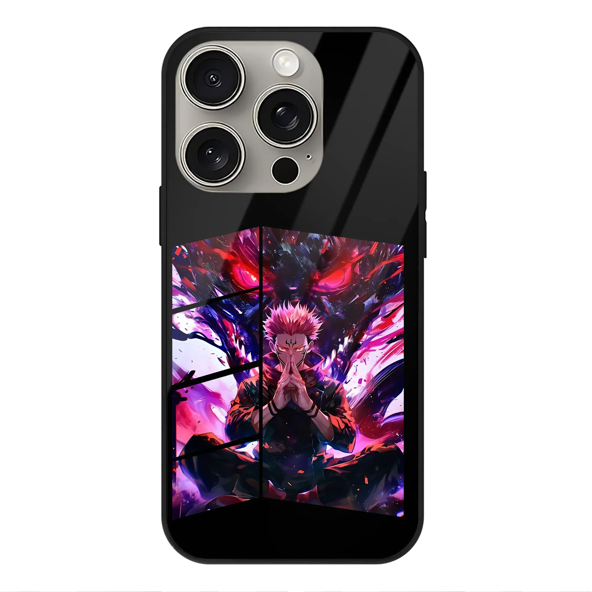 呪術廻戦 グッズ,両面宿儺 - IPhone15Pro対応 ・ スマホケース ・ 背面ガラス ・ TPU+強化ガラス ・ 耐衝撃 ・ 黄変防止 ・ ワイヤレス充電対応 ・ 3D立体ボタン