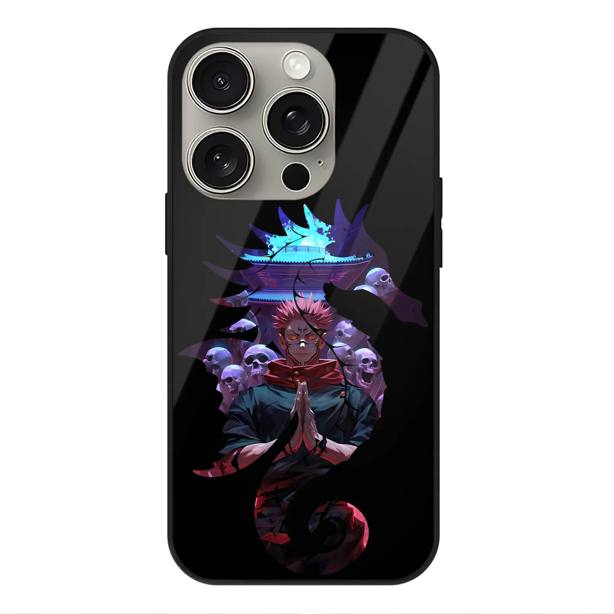 呪術廻戦 グッズ,両面宿儺 - IPhone15Pro対応 ・ スマホケース ・ 背面ガラス ・ TPU+強化ガラス ・ 耐衝撃 ・ 黄変防止 ・ ワイヤレス充電対応 ・ 3D立体ボタン