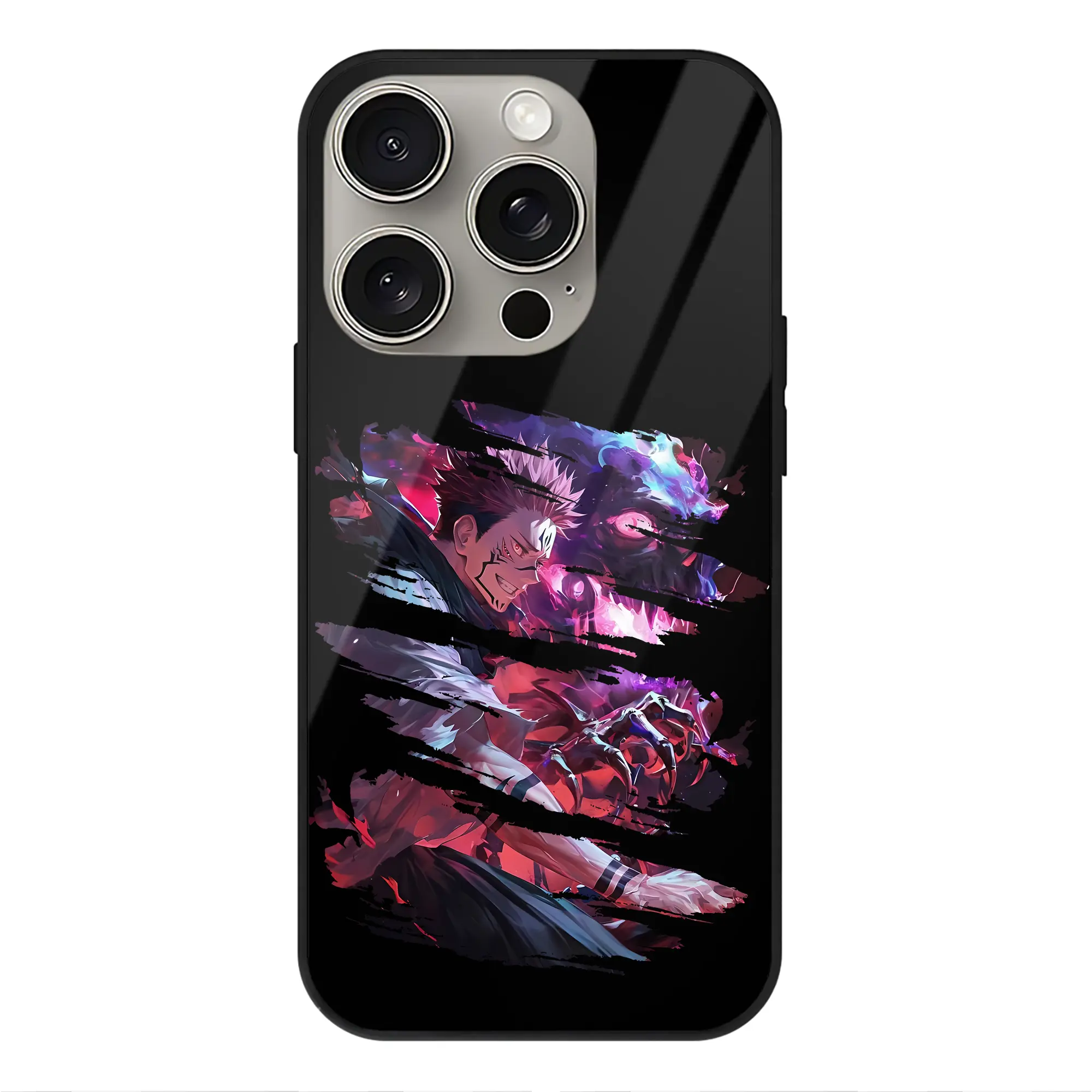 呪術廻戦 グッズ,両面宿儺 - IPhone15Pro対応 ・ スマホケース ・ 背面ガラス ・ TPU+強化ガラス ・ 耐衝撃 ・ 黄変防止 ・ ワイヤレス充電対応 ・ 3D立体ボタン