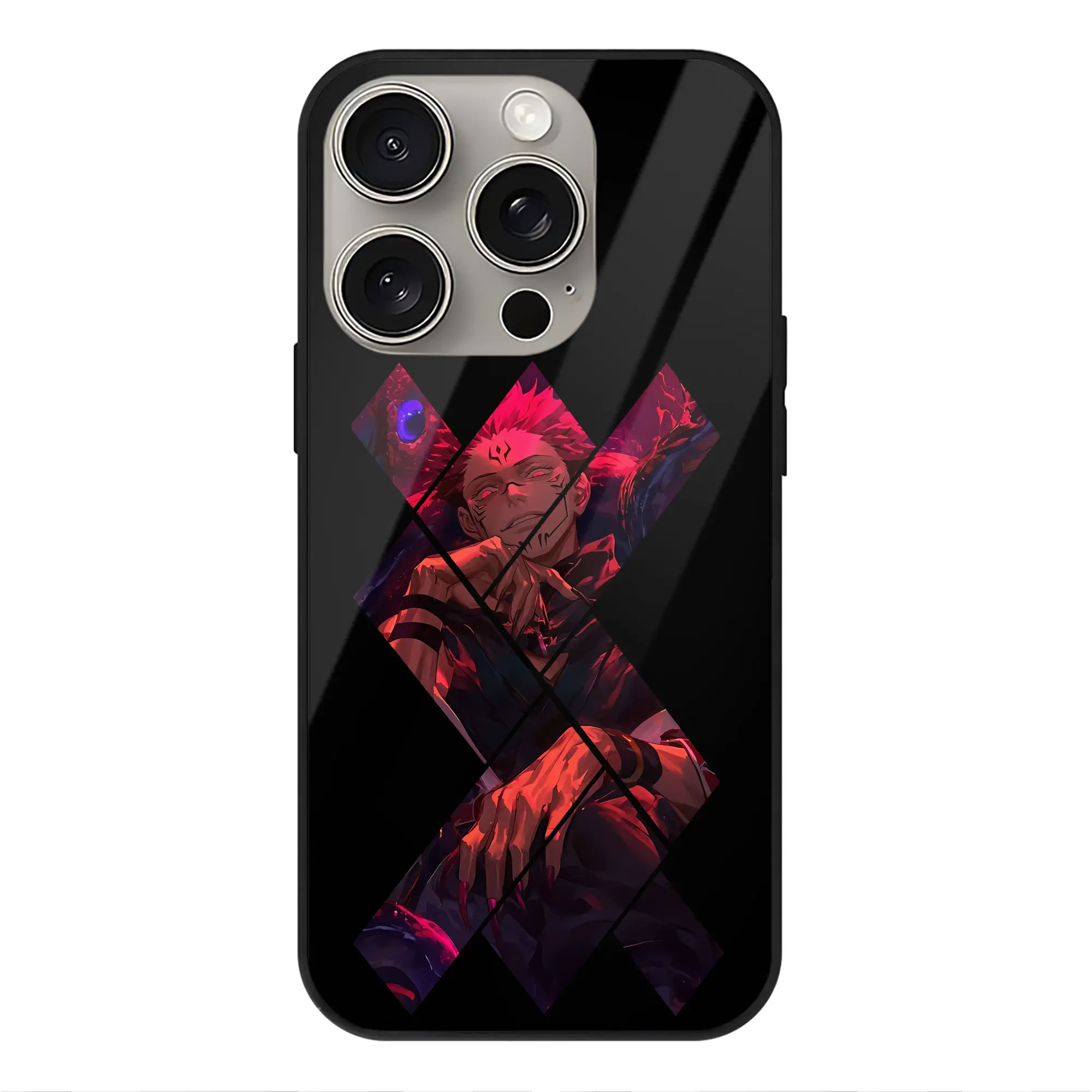 呪術廻戦 グッズ,両面宿儺 - IPhone15Pro対応 ・ スマホケース ・ 背面ガラス ・ TPU+強化ガラス ・ 耐衝撃 ・ 黄変防止 ・ ワイヤレス充電対応 ・ 3D立体ボタン