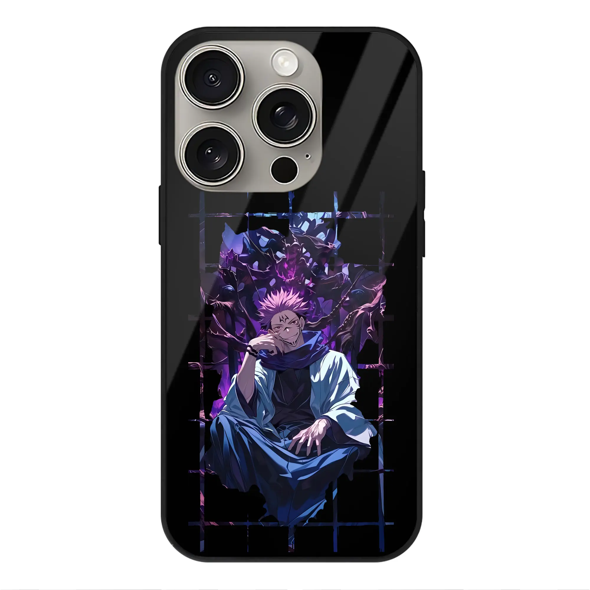 呪術廻戦 グッズ,両面宿儺 - IPhone15Pro対応 ・ スマホケース ・ 背面ガラス ・ TPU+強化ガラス ・ 耐衝撃 ・ 黄変防止 ・ ワイヤレス充電対応 ・ 3D立体ボタン