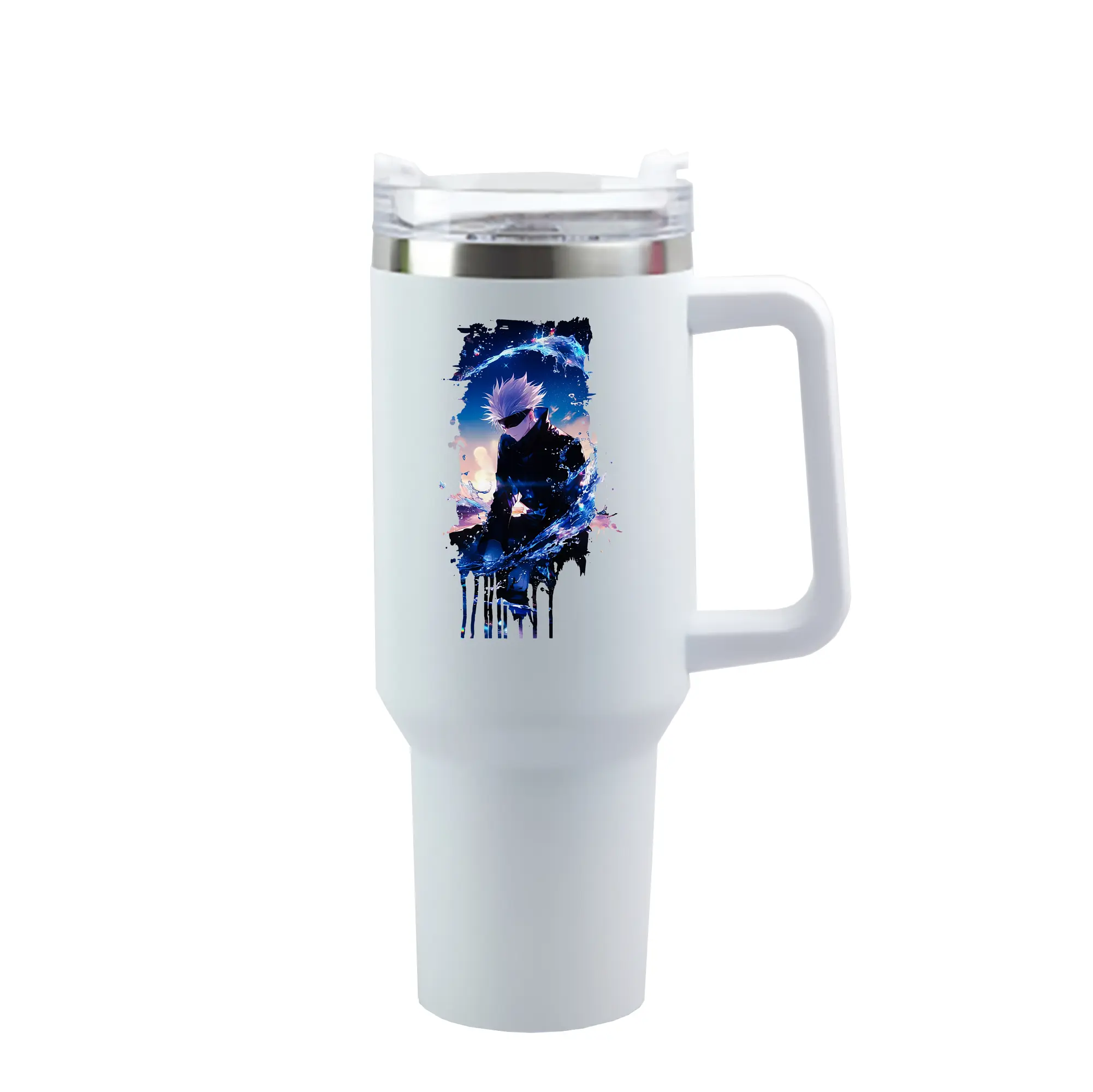 呪術廻戦 グッズ,五条 悟 - 1200mL 車用タンブラー ・ クリスタルステッカー ・ 304ステンレス 内側 ・ 201ステンレス 外側 ・ 保温 保冷 ・ ハンドル＆ストロー付き ・ 通勤 ドライブ アウトドア用