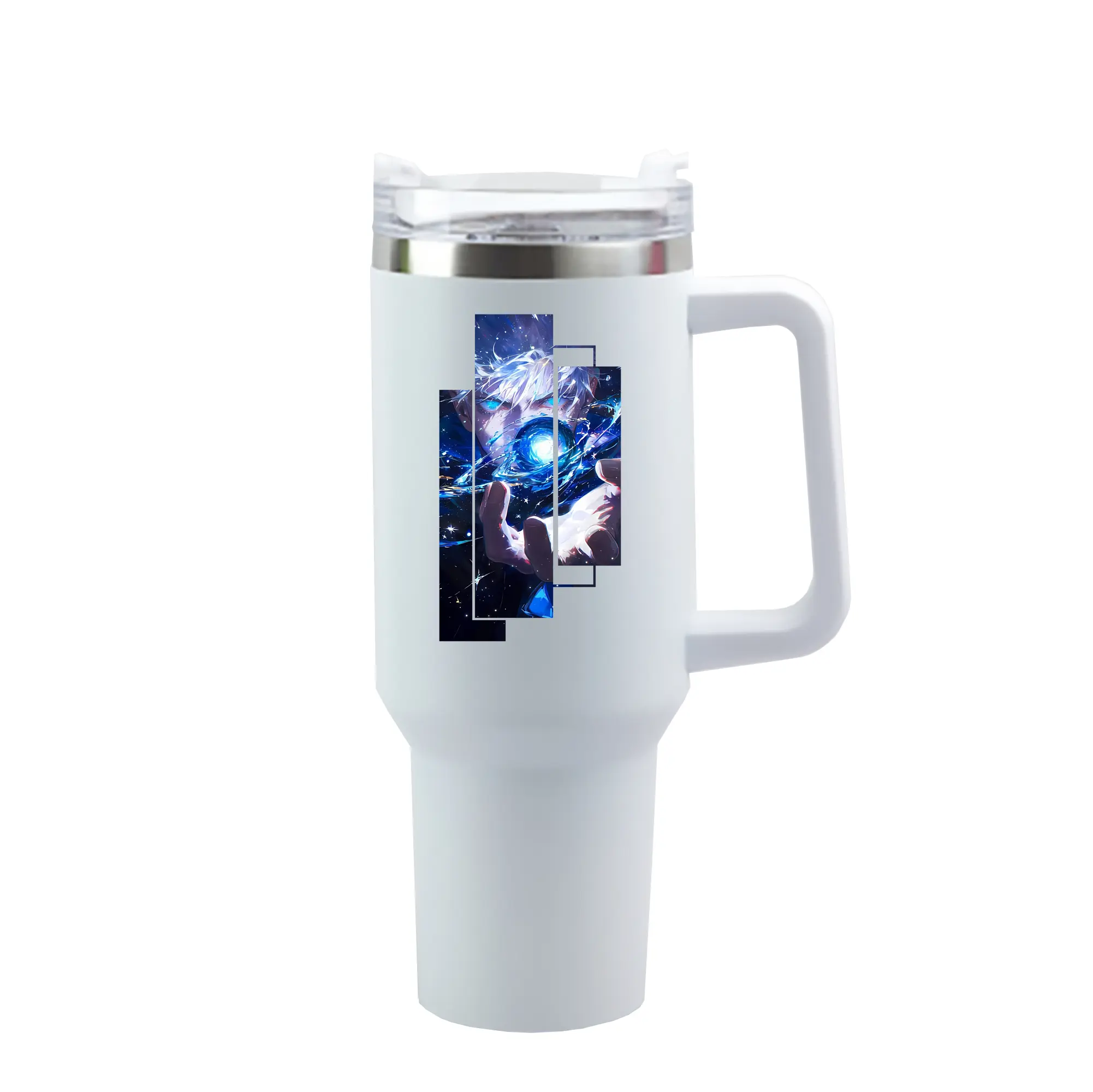 呪術廻戦 グッズ,五条 悟 - 1200mL 車用タンブラー ・ クリスタルステッカー ・ 304ステンレス 内側 ・ 201ステンレス 外側 ・ 保温 保冷 ・ ハンドル＆ストロー付き ・ 通勤 ドライブ アウトドア用