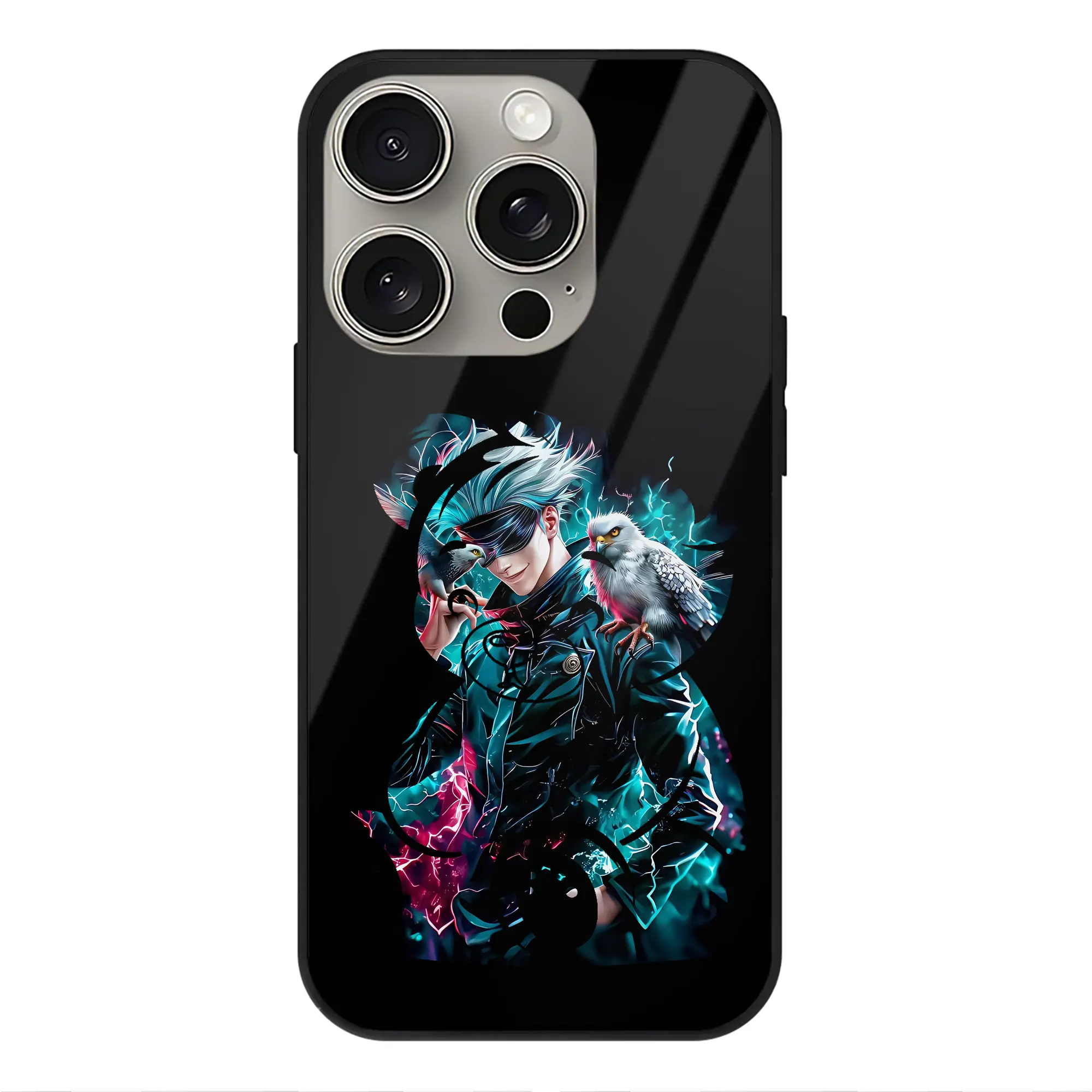 呪術廻戦 グッズ,五条 悟 - IPhone15Pro対応 ・ スマホケース ・ 背面ガラス ・ TPU+強化ガラス ・ 耐衝撃 ・ 黄変防止 ・ ワイヤレス充電対応 ・ 3D立体ボタン