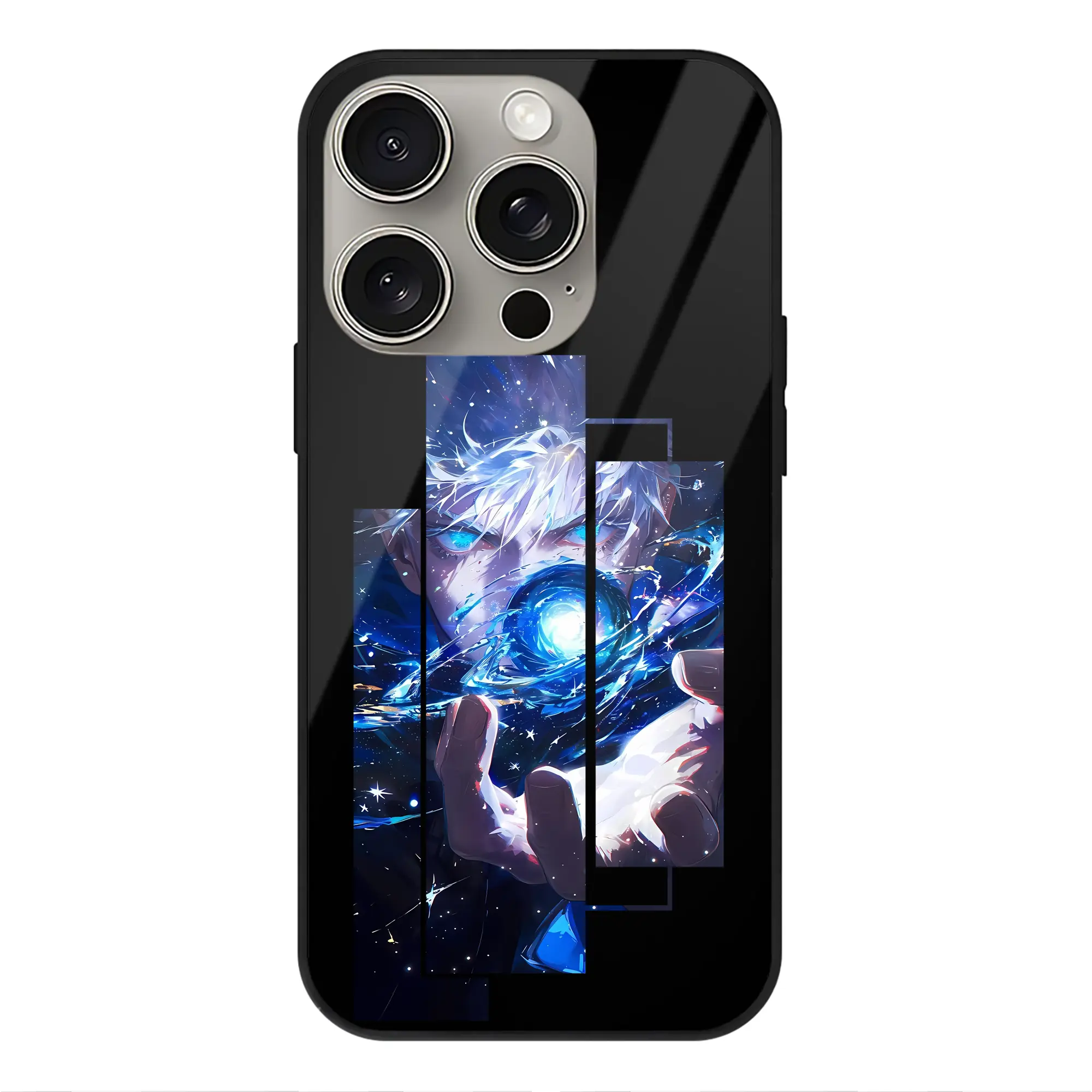 呪術廻戦 グッズ,五条 悟 - IPhone15Pro対応 ・ スマホケース ・ 背面ガラス ・ TPU+強化ガラス ・ 耐衝撃 ・ 黄変防止 ・ ワイヤレス充電対応 ・ 3D立体ボタン