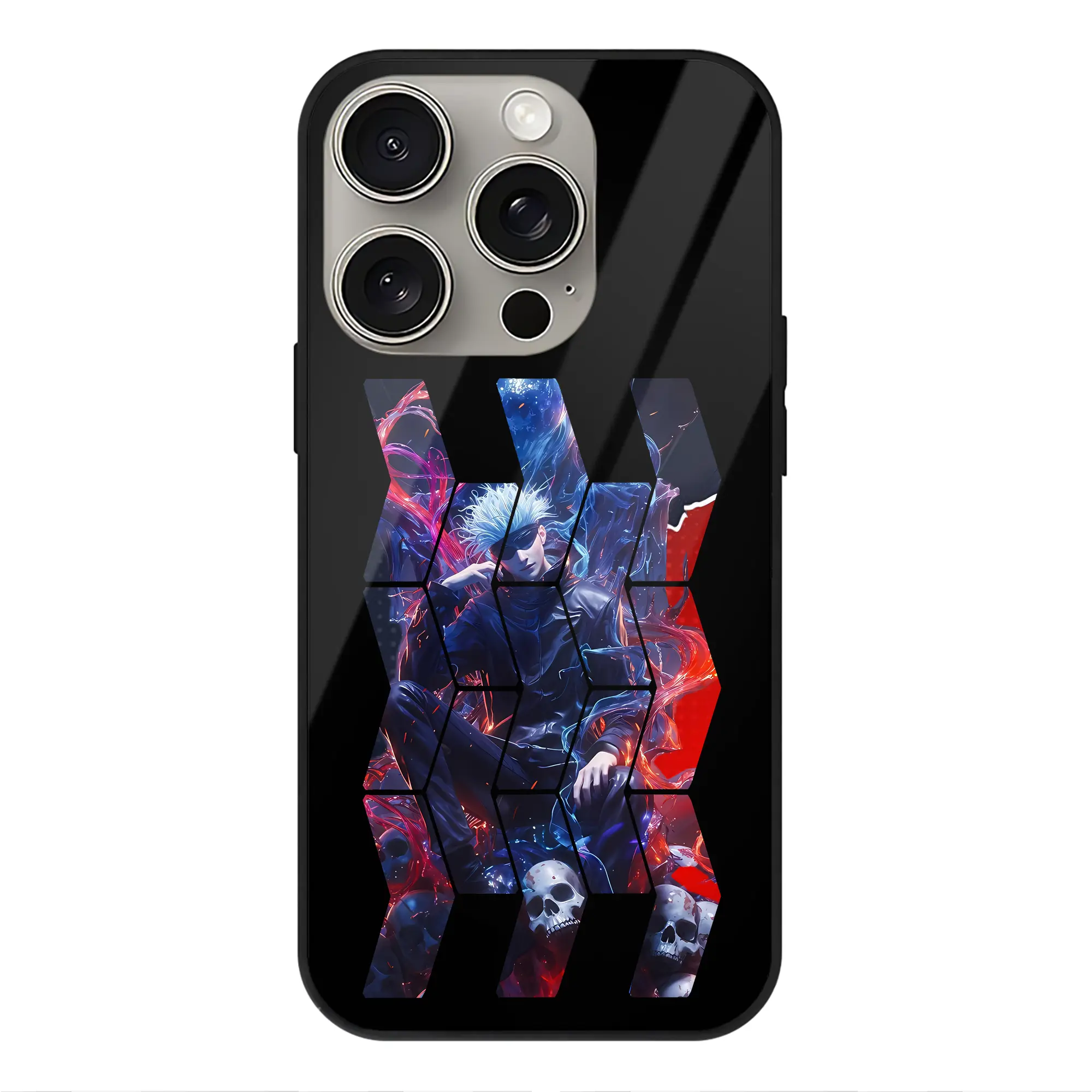 呪術廻戦 グッズ,五条 悟 - IPhone15Pro対応 ・ スマホケース ・ 背面ガラス ・ TPU+強化ガラス ・ 耐衝撃 ・ 黄変防止 ・ ワイヤレス充電対応 ・ 3D立体ボタン