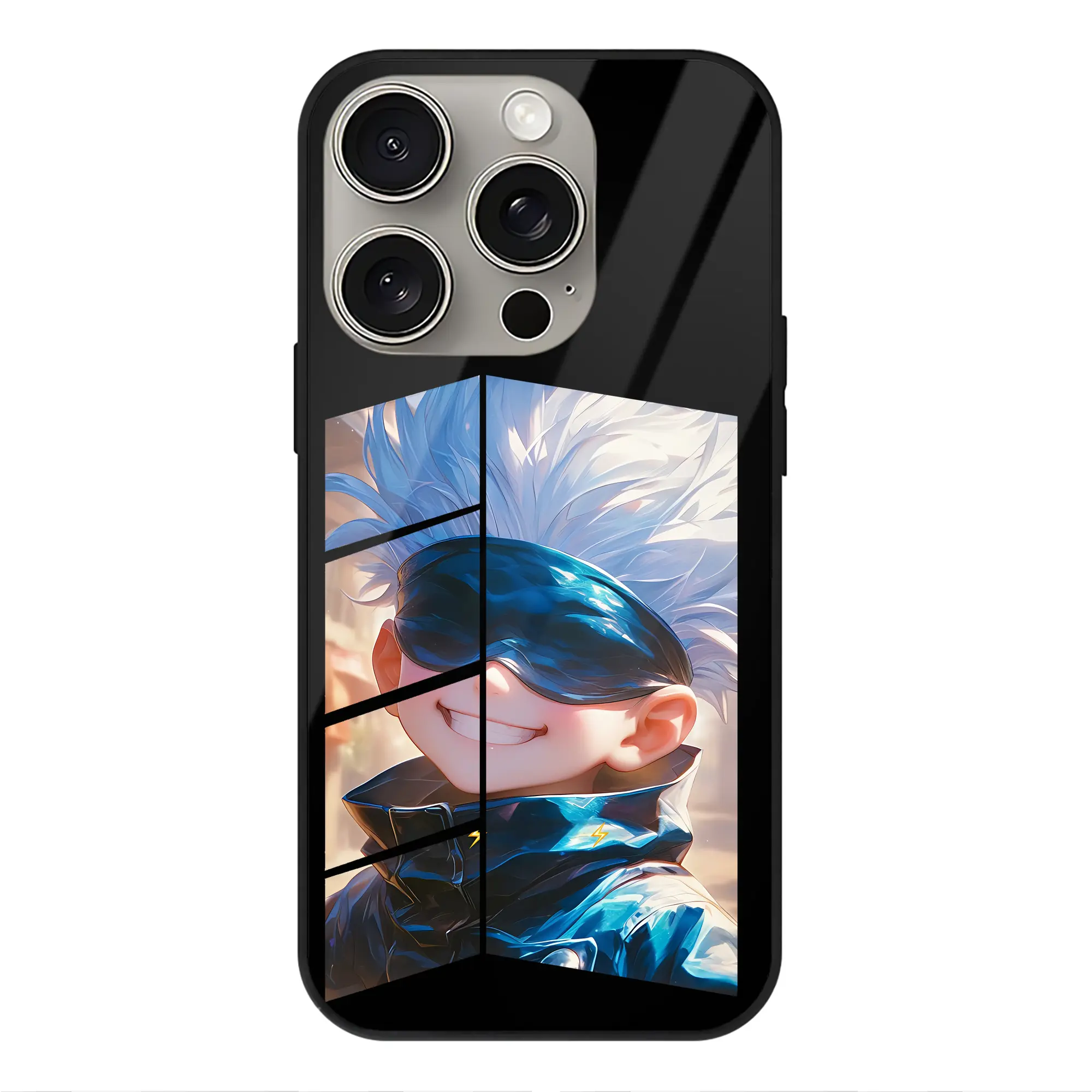 呪術廻戦 グッズ,五条 悟 - IPhone15Pro対応 ・ スマホケース ・ 背面ガラス ・ TPU+強化ガラス ・ 耐衝撃 ・ 黄変防止 ・ ワイヤレス充電対応 ・ 3D立体ボタン