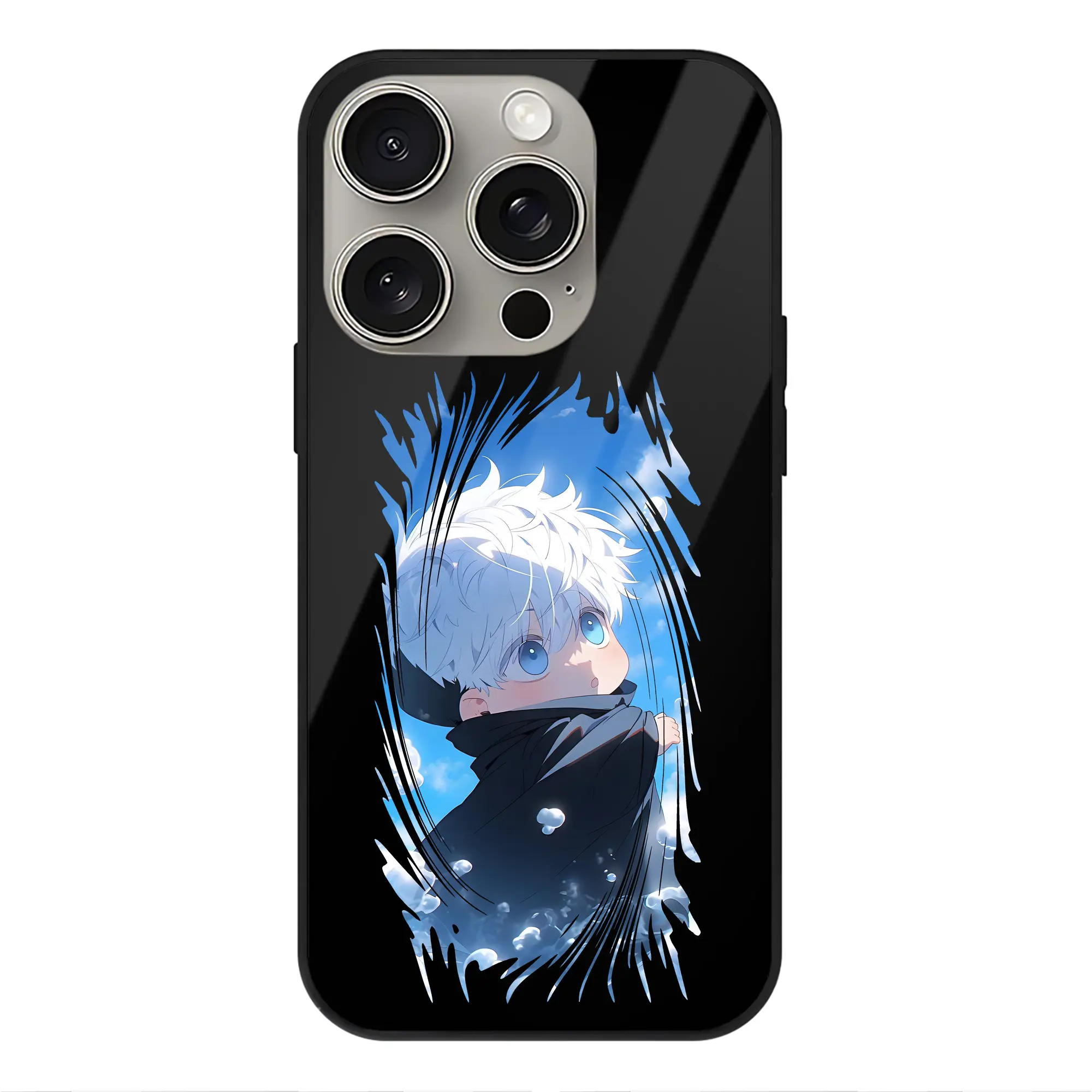 呪術廻戦 グッズ,五条 悟 - IPhone15Pro対応 ・ スマホケース ・ 背面ガラス ・ TPU+強化ガラス ・ 耐衝撃 ・ 黄変防止 ・ ワイヤレス充電対応 ・ 3D立体ボタン