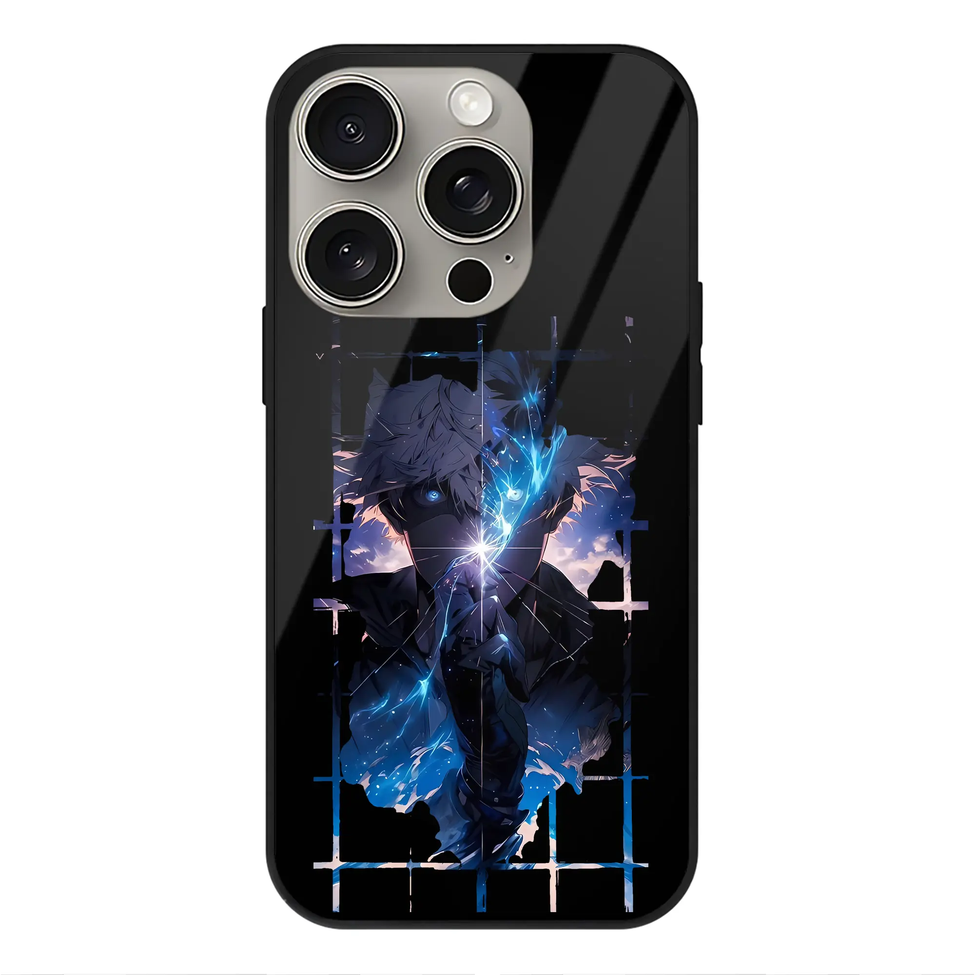 呪術廻戦 グッズ,五条 悟 - IPhone15Pro対応 ・ スマホケース ・ 背面ガラス ・ TPU+強化ガラス ・ 耐衝撃 ・ 黄変防止 ・ ワイヤレス充電対応 ・ 3D立体ボタン