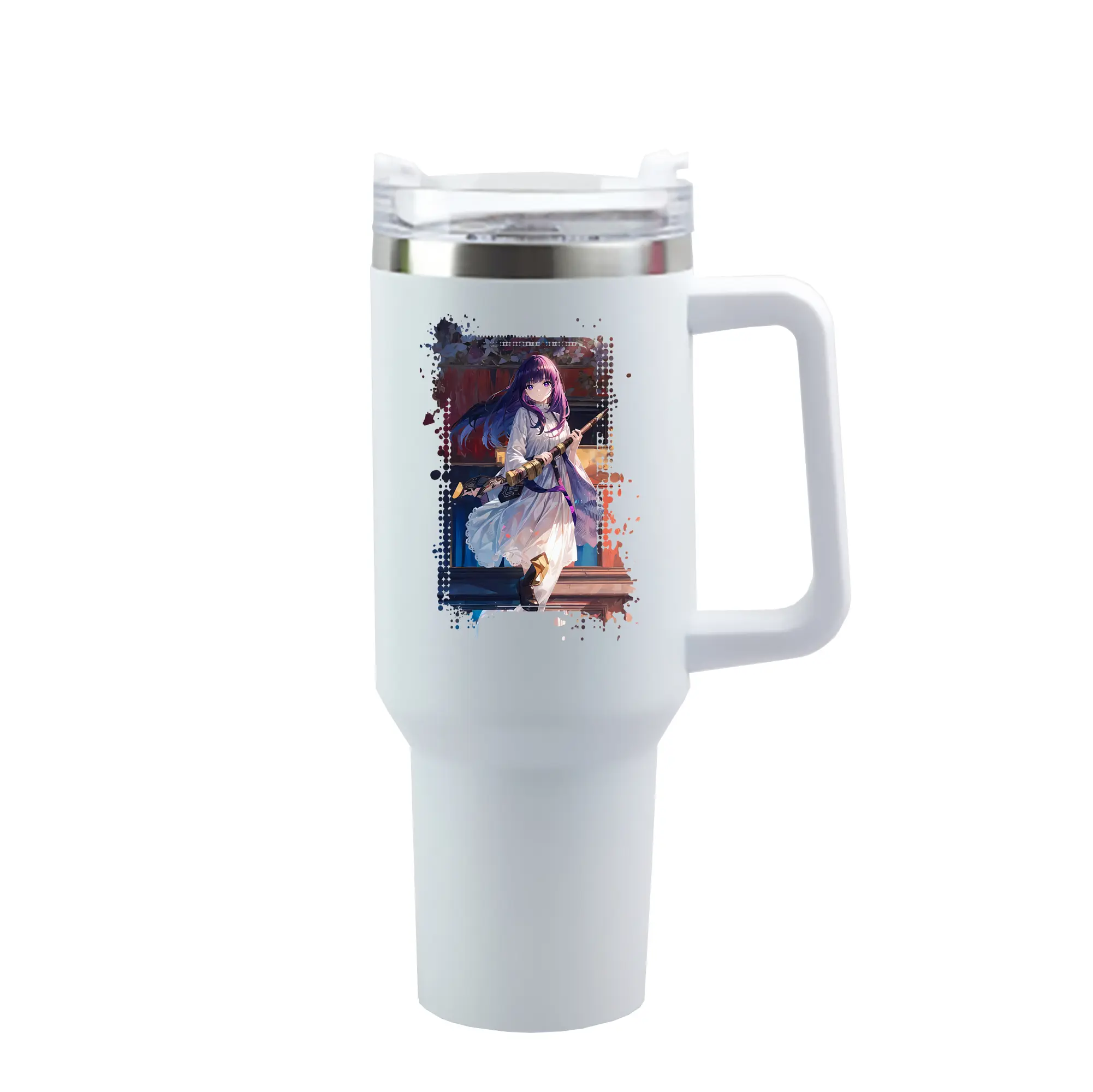 葬送のフリーレン（Frieren） グッズ,フェルン（Fern） - 1200mL 車用タンブラー ・ クリスタルステッカー ・ 304ステンレス 内側 ・ 201ステンレス 外側 ・ 保温 保冷 ・ ハンドル＆ストロー付き ・ 通勤 ドライブ アウトドア用