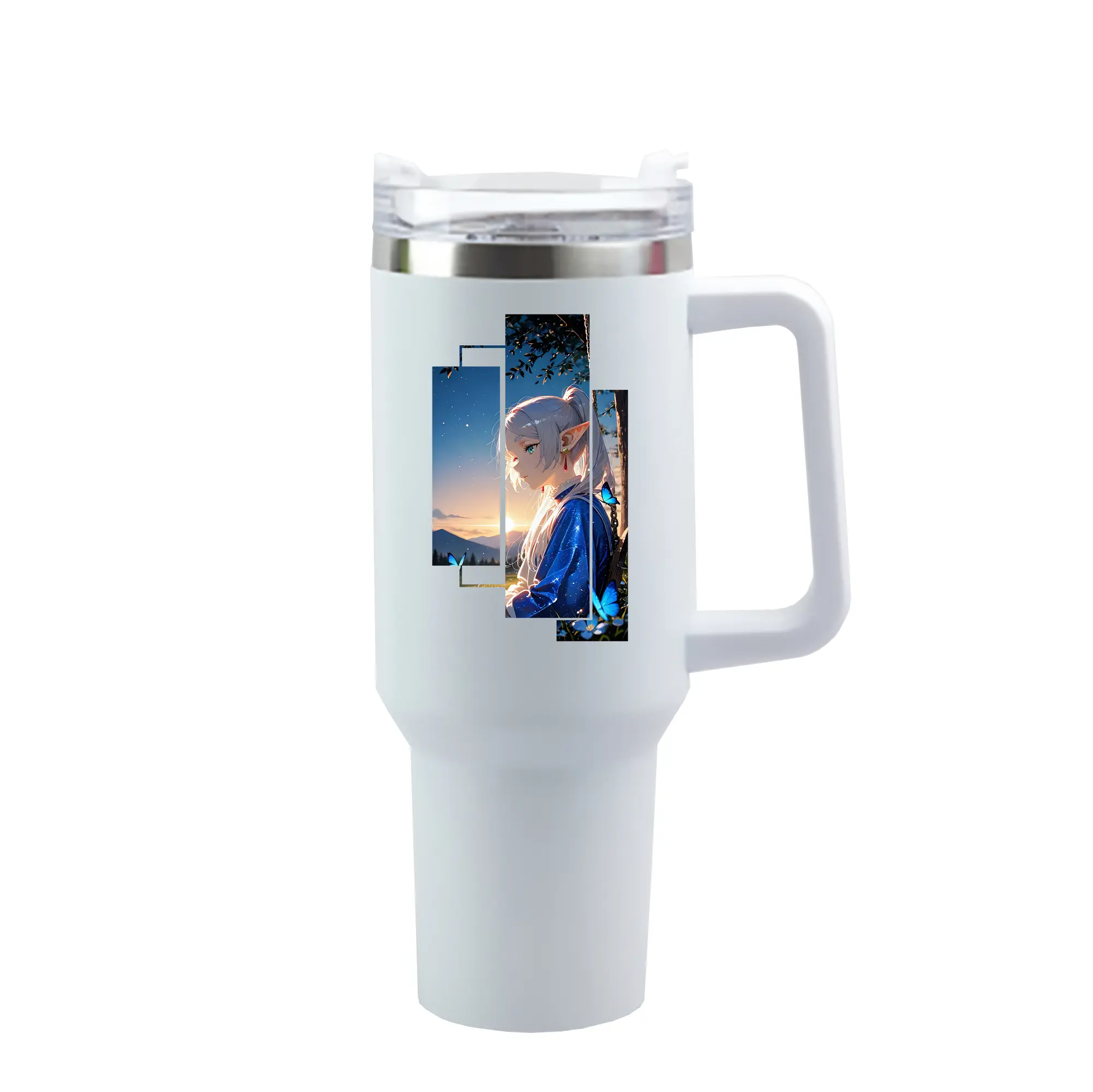 葬送のフリーレン（Frieren） グッズ,フリーレン（Frieren） - 1200mL 車用タンブラー ・ クリスタルステッカー ・ 304ステンレス 内側 ・ 201ステンレス 外側 ・ 保温 保冷 ・ ハンドル＆ストロー付き ・ 通勤 ドライブ アウトドア用