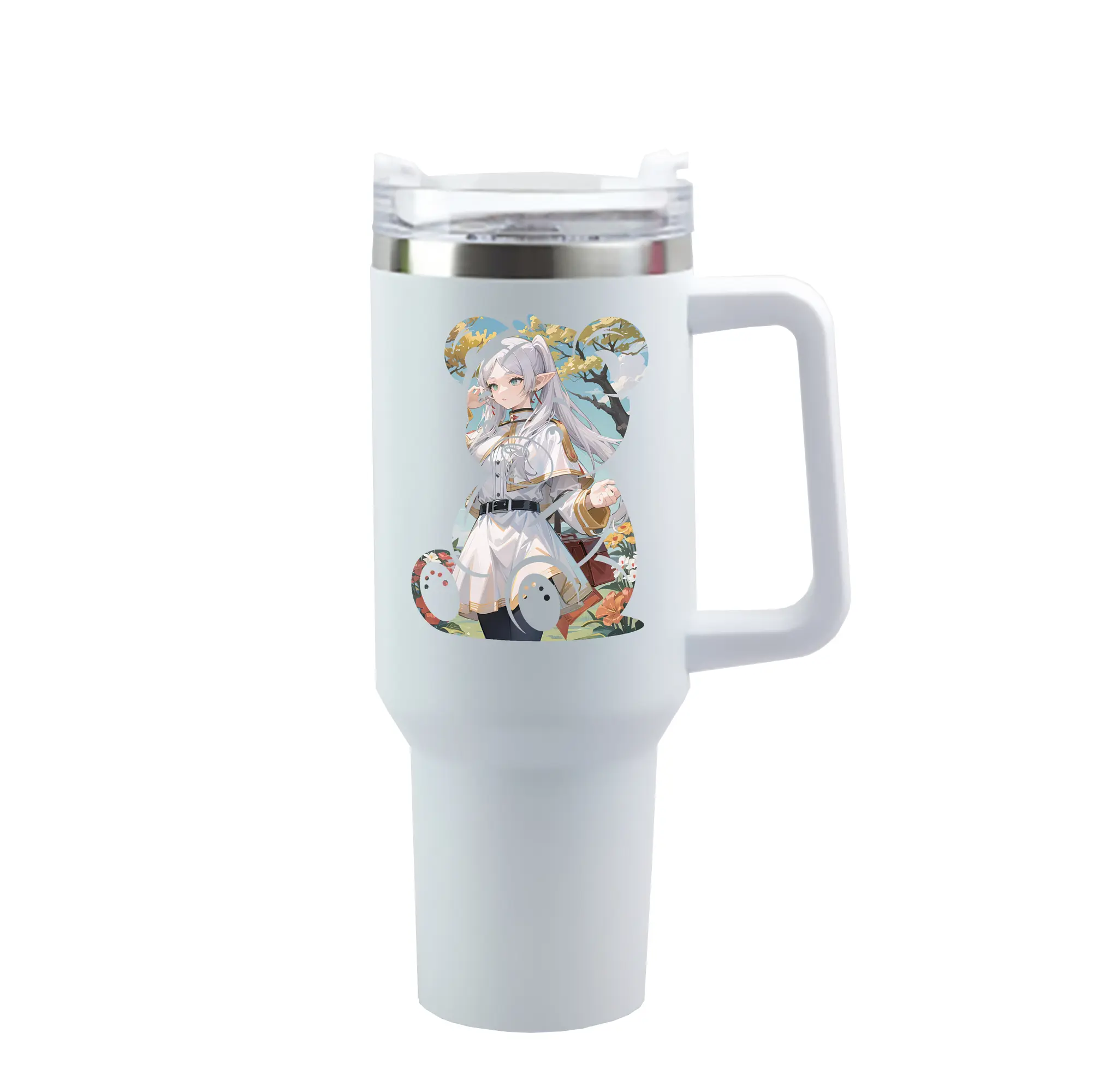 葬送のフリーレン（Frieren） グッズ,フリーレン（Frieren） - 1200mL 車用タンブラー ・ クリスタルステッカー ・ 304ステンレス 内側 ・ 201ステンレス 外側 ・ 保温 保冷 ・ ハンドル＆ストロー付き ・ 通勤 ドライブ アウトドア用