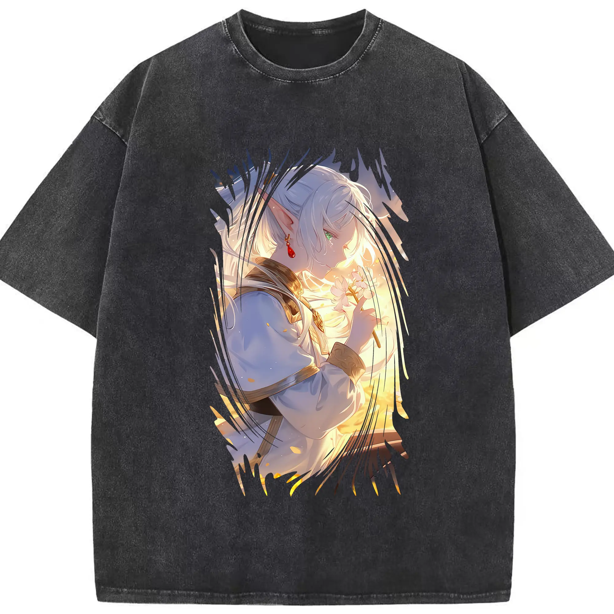 葬送のフリーレン（Frieren） グッズ,フリーレン（Frieren） - 綿100％ ヴィンテージ風 半袖Tシャツ ・ フロントプリント ・ 柔らか肌触り ・ 通気性 快適 ・ スポーツ カジュアル 外出用