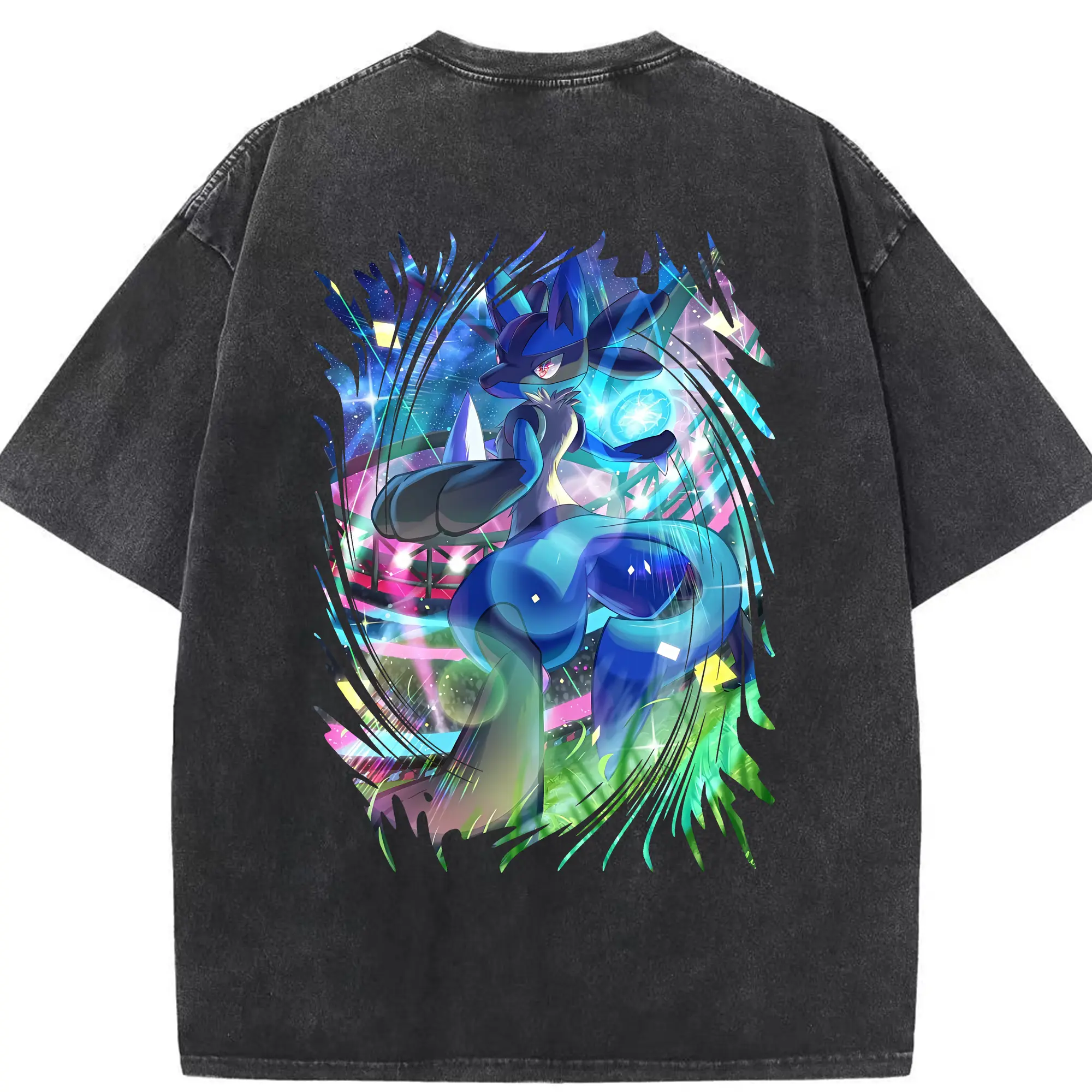 ポケモン グッズ,ルカリオ - 綿100％ ヴィンテージ風 半袖Tシャツ ・ 背面プリント ・ 柔らか肌触り ・ 通気性 快適 ・ スポーツ カジュアル 外出用