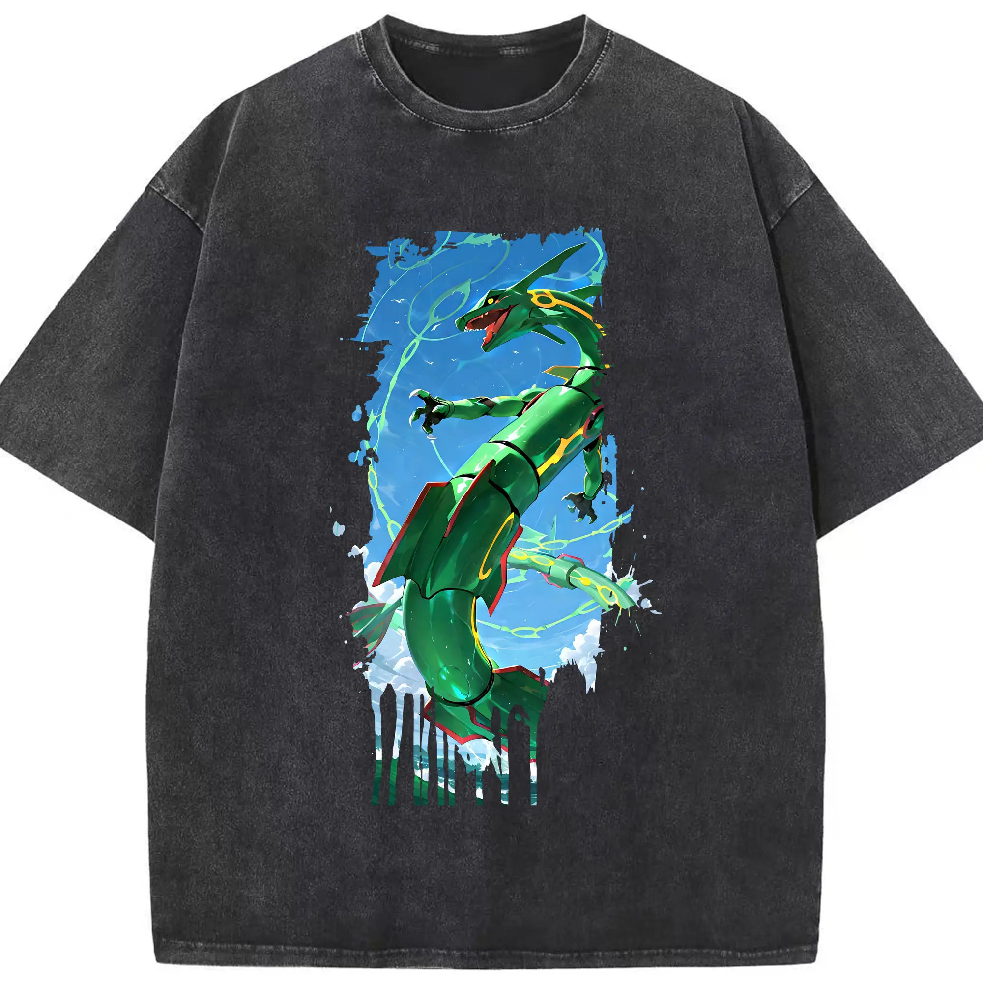 ポケモン グッズ,レックウザ - 綿100％ ヴィンテージ風 半袖Tシャツ ・ フロントプリント ・ 柔らか肌触り ・ 通気性 快適 ・ スポーツ カジュアル 外出用