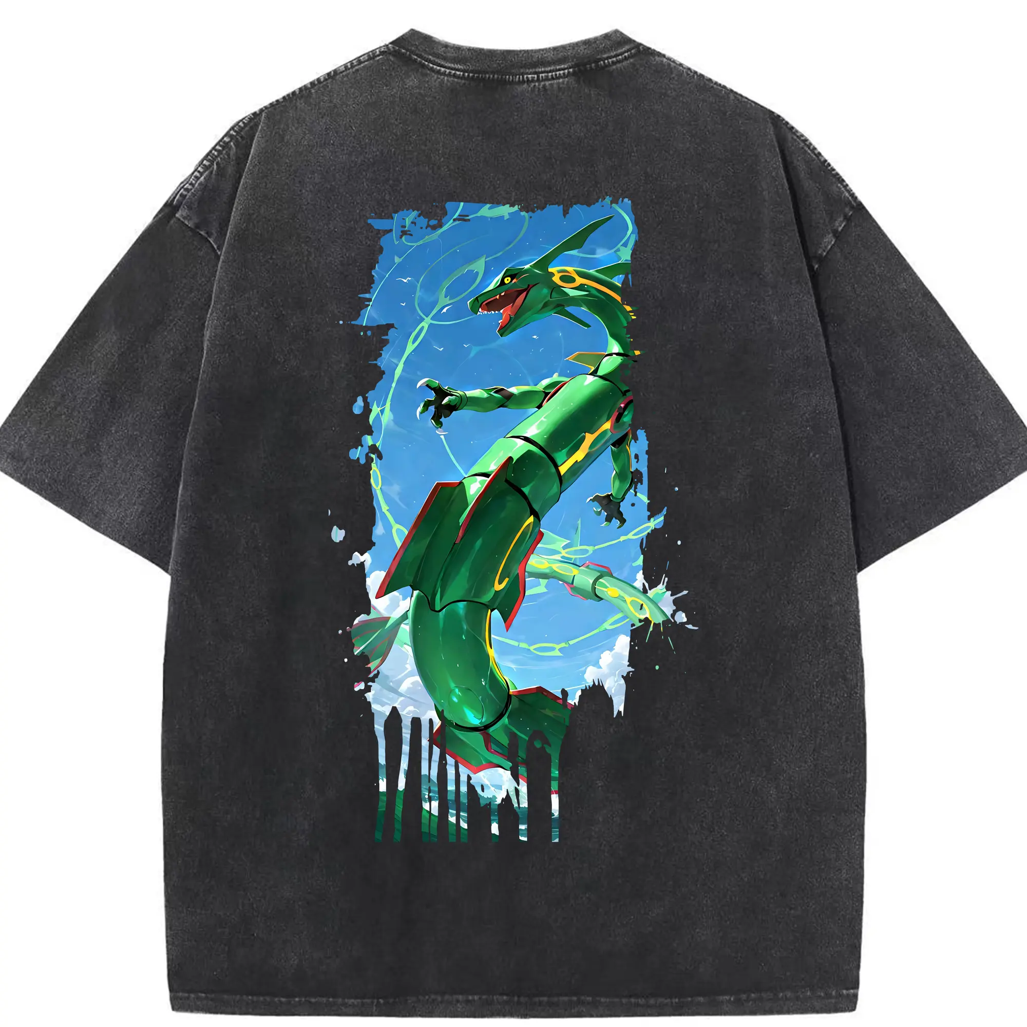 ポケモン グッズ,レックウザ - 綿100％ ヴィンテージ風 半袖Tシャツ ・ 背面プリント ・ 柔らか肌触り ・ 通気性 快適 ・ スポーツ カジュアル 外出用