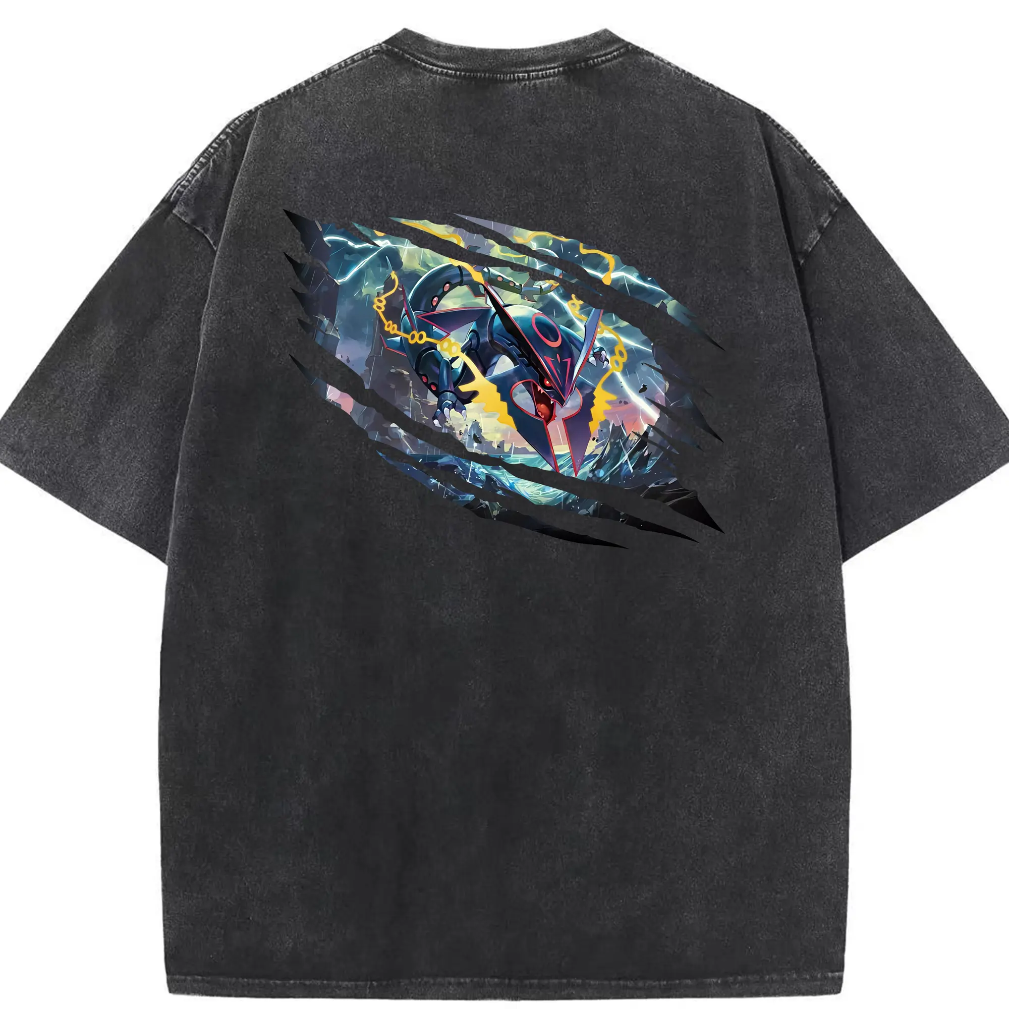 ポケモン グッズ,レックウザ - 綿100％ ヴィンテージ風 半袖Tシャツ ・ 背面プリント ・ 柔らか肌触り ・ 通気性 快適 ・ スポーツ カジュアル 外出用