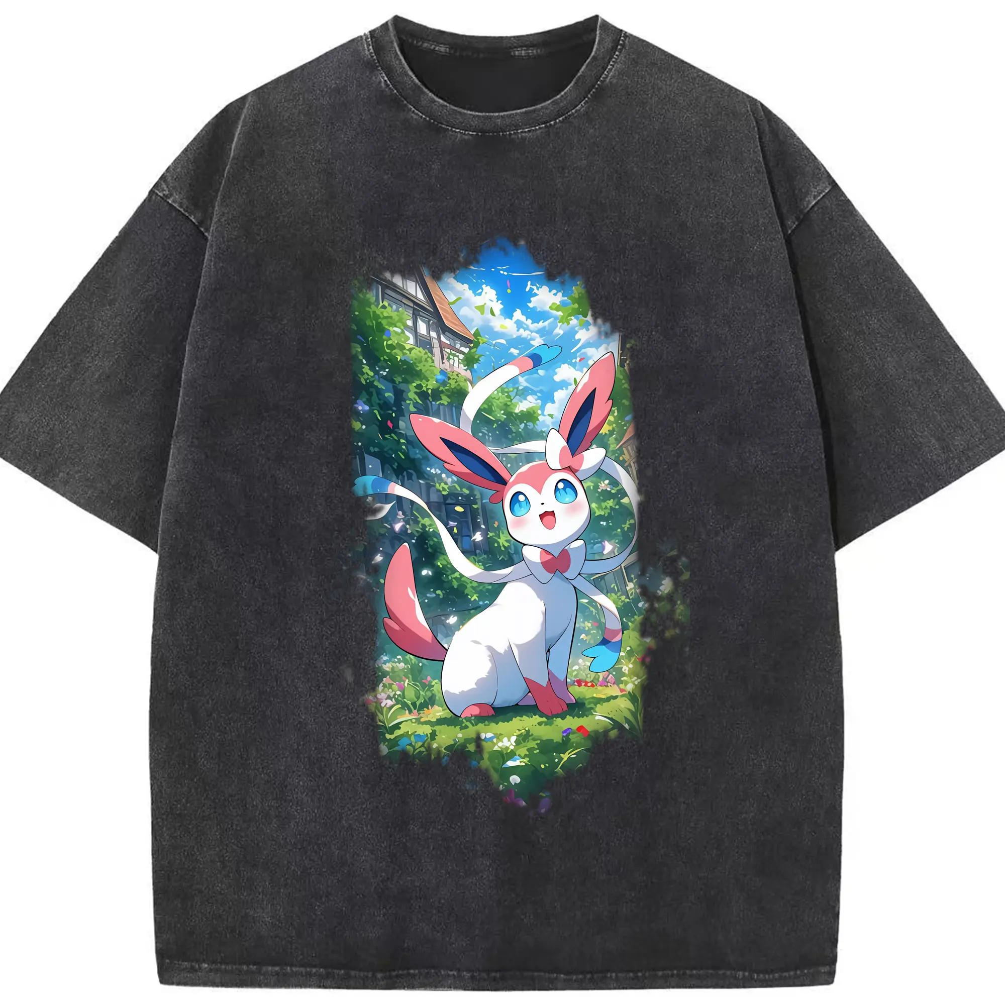 ポケモン グッズ,ニンフィア - 綿100％ ヴィンテージ風 半袖Tシャツ ・ フロントプリント ・ 柔らか肌触り ・ 通気性 快適 ・ スポーツ カジュアル 外出用