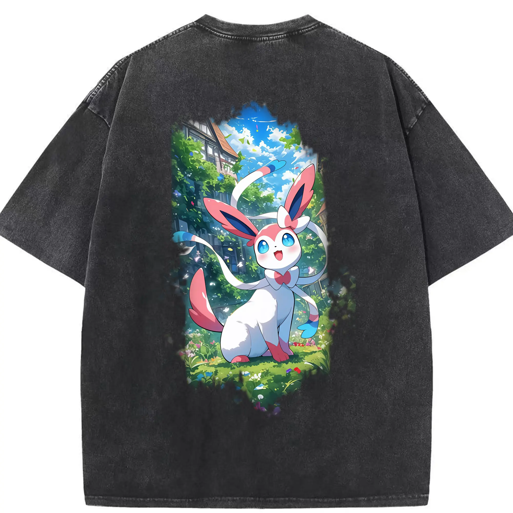 ポケモン グッズ,ニンフィア - 綿100％ ヴィンテージ風 半袖Tシャツ ・ 背面プリント ・ 柔らか肌触り ・ 通気性 快適 ・ スポーツ カジュアル 外出用