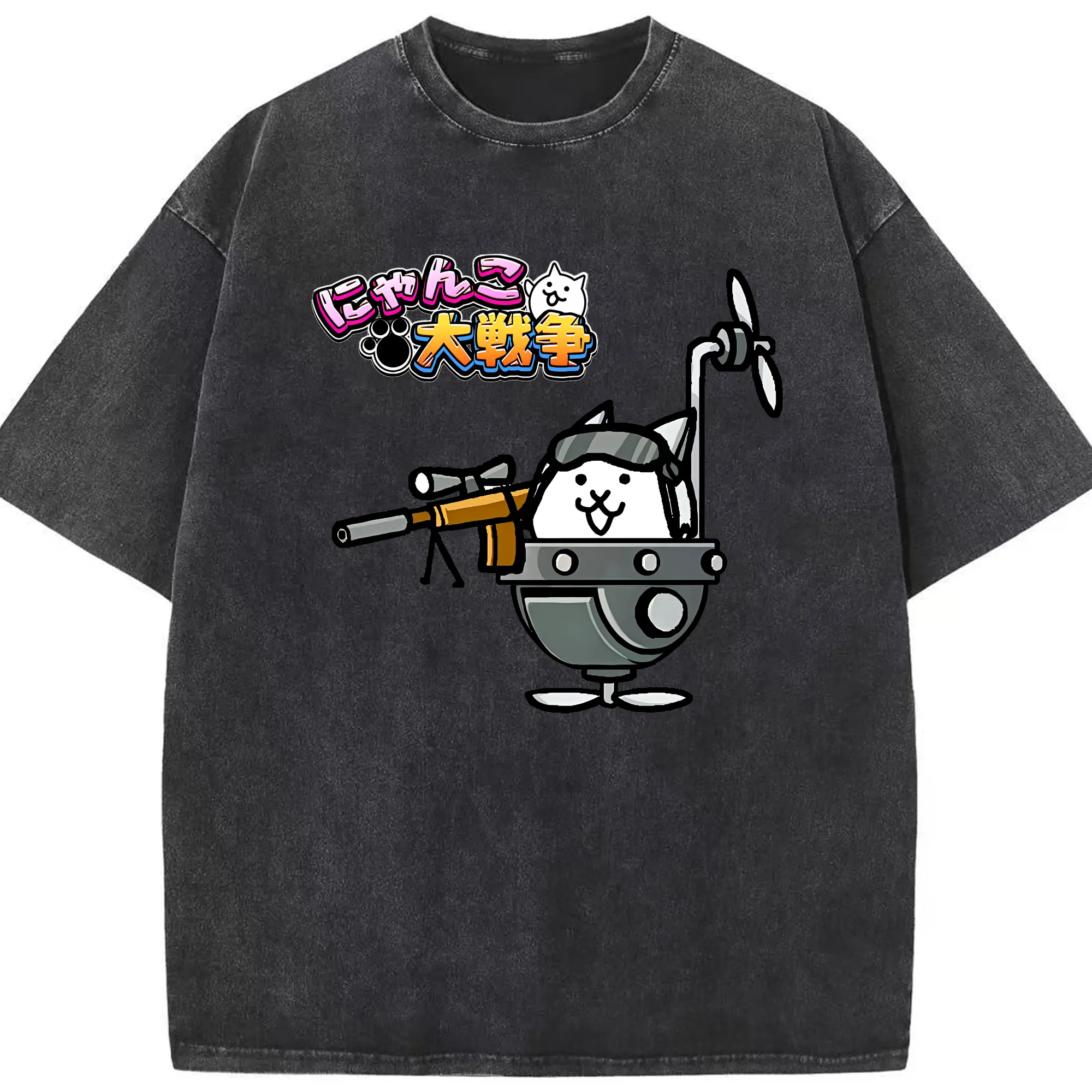 にゃんこ大戦争 グッズ - 綿100％ ヴィンテージ風 半袖Tシャツ ・ フロントプリント ・ 柔らか肌触り ・ 通気性 快適 ・ スポーツ カジュアル 外出用