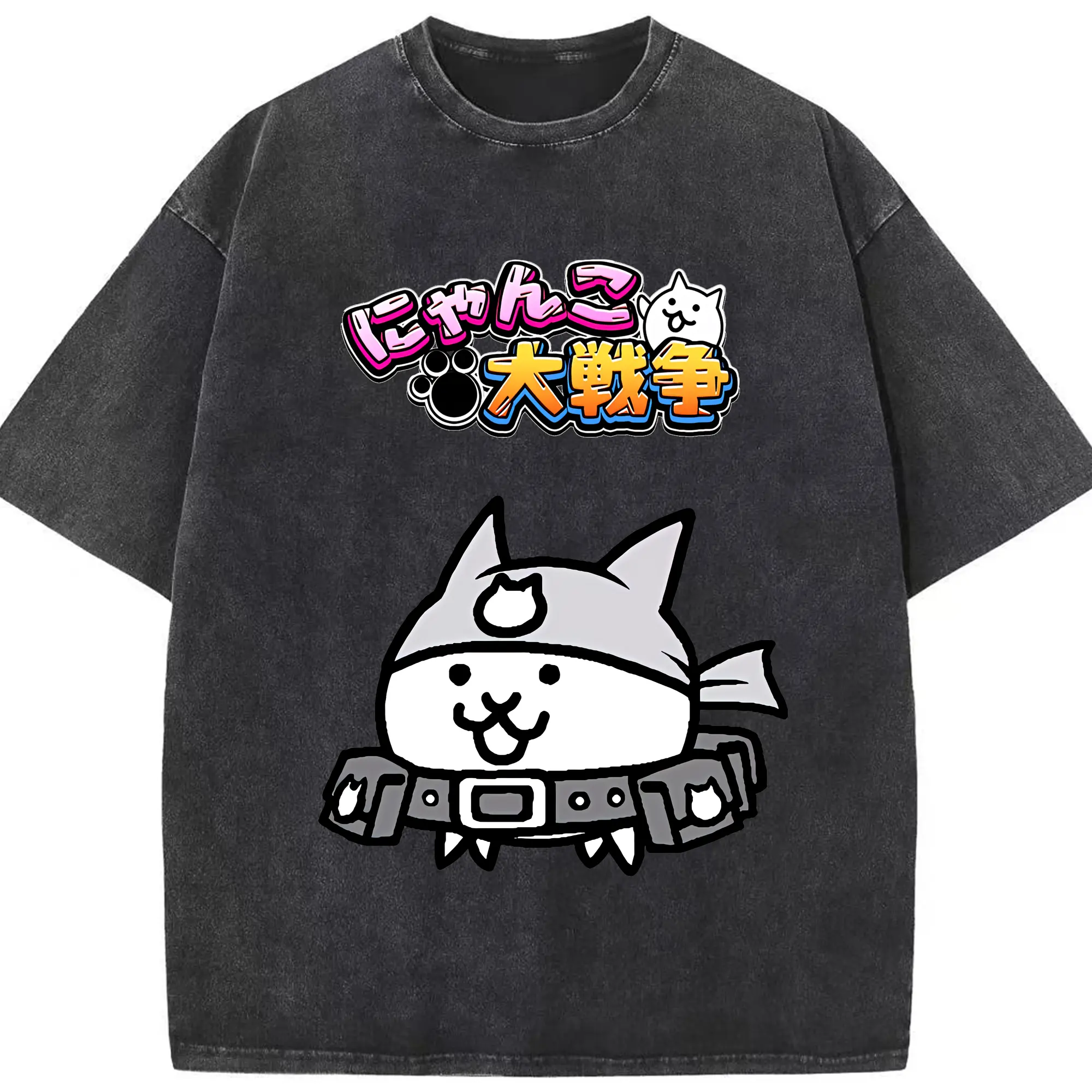 にゃんこ大戦争 グッズ - 綿100％ ヴィンテージ風 半袖Tシャツ ・ フロントプリント ・ 柔らか肌触り ・ 通気性 快適 ・ スポーツ カジュアル 外出用