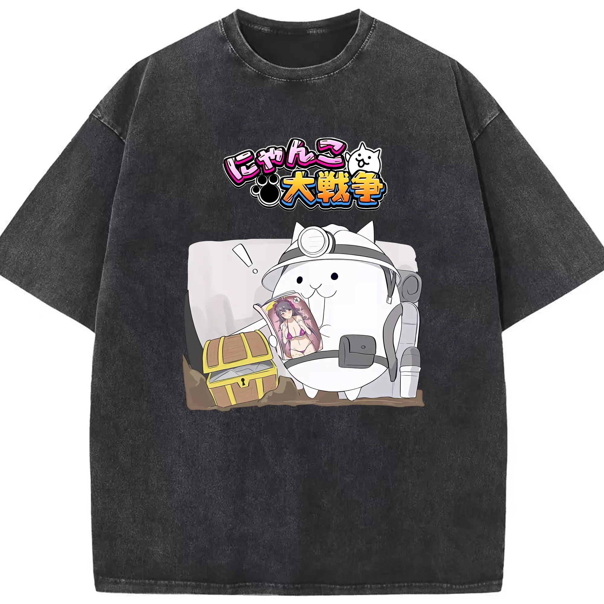 にゃんこ大戦争 グッズ - 綿100％ ヴィンテージ風 半袖Tシャツ ・ フロントプリント ・ 柔らか肌触り ・ 通気性 快適 ・ スポーツ カジュアル 外出用