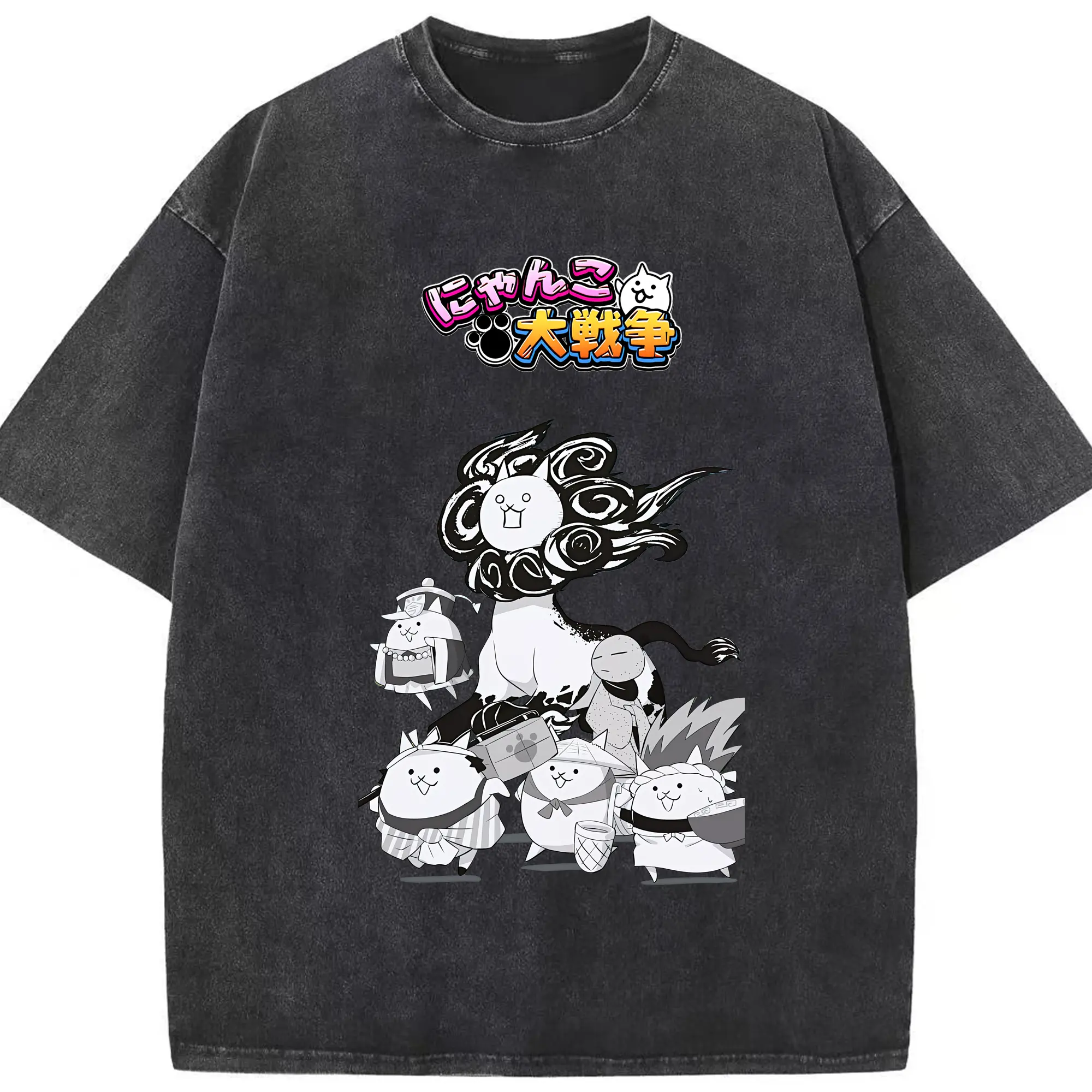 にゃんこ大戦争 グッズ - 綿100％ ヴィンテージ風 半袖Tシャツ ・ フロントプリント ・ 柔らか肌触り ・ 通気性 快適 ・ スポーツ カジュアル 外出用